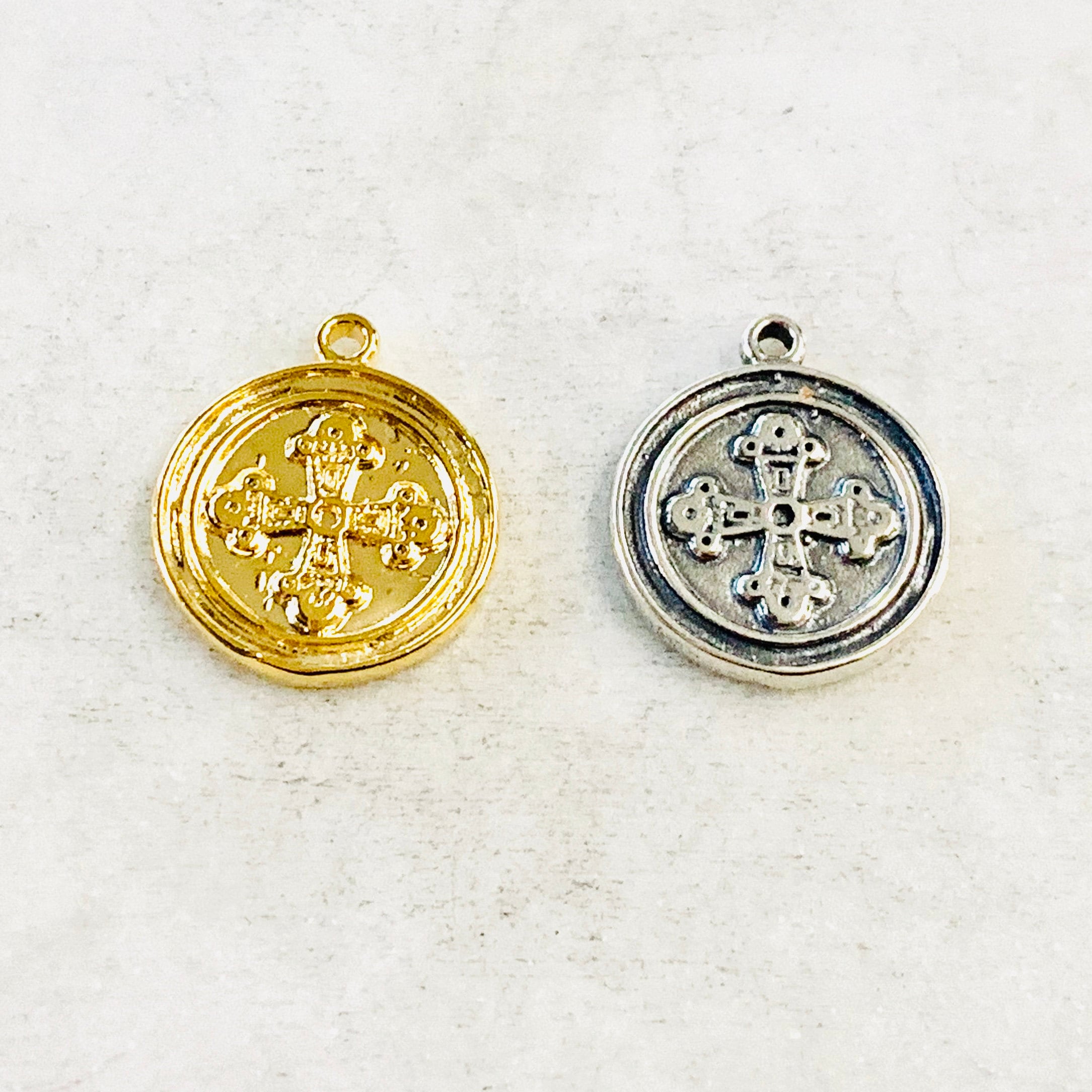 Sterling Silver or Vermeil Medieval Cross Coin Medallion Wax Seal Disc Double