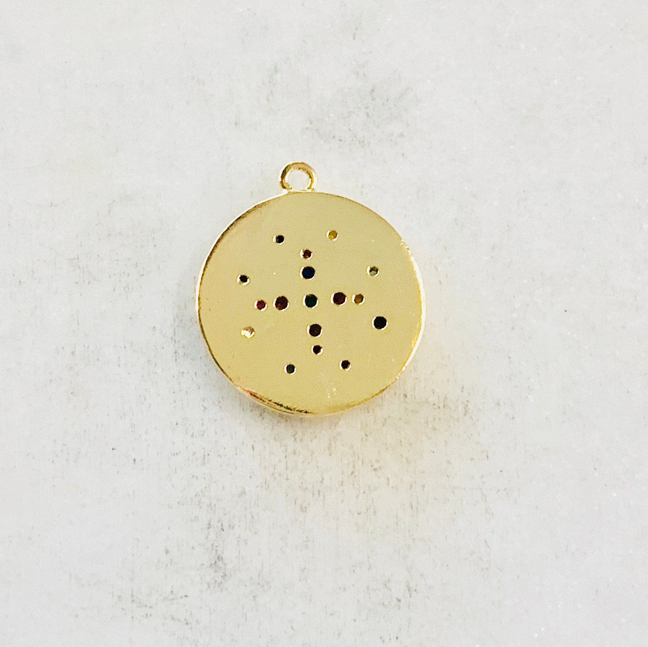 Gold Plated or Brass Rainbow CZ North Star Charm Coin Round Circle Gold Drop