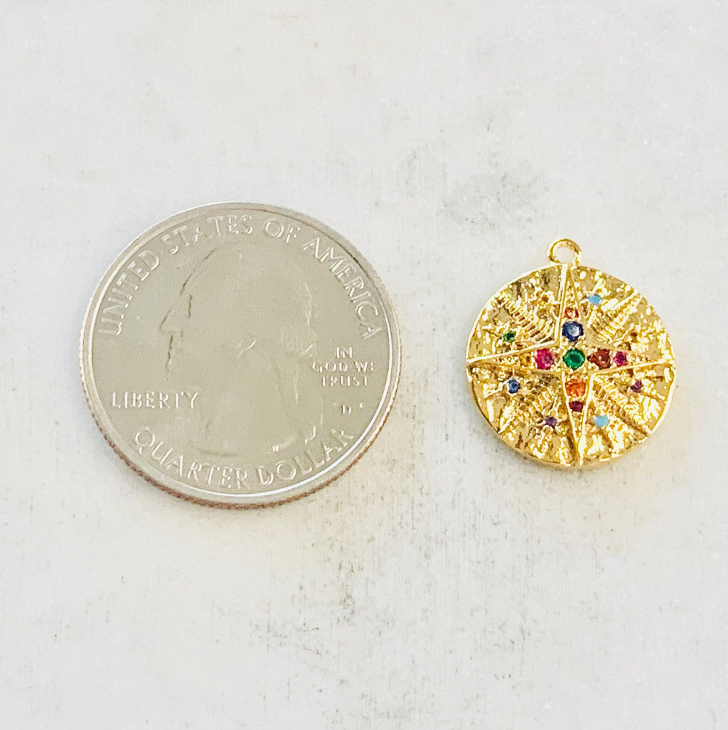 Gold Plated or Brass Rainbow CZ North Star Charm Coin Round Circle Gold Drop