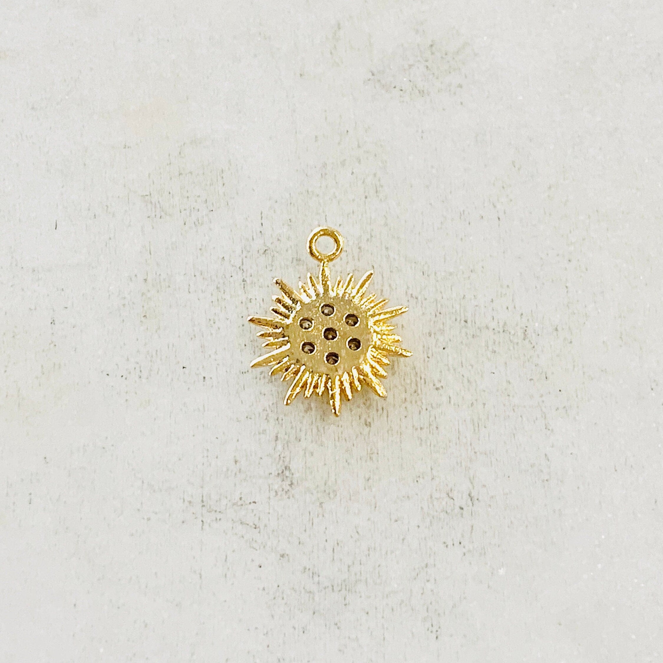 Gold Plated or Base Metal Tiny Small CZ Starburst Sun Charm Round Circle Drop
