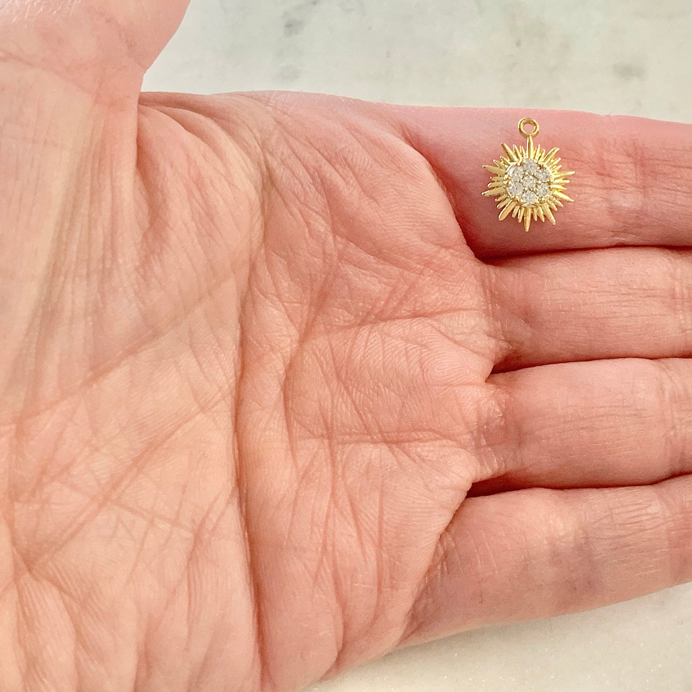 Gold Plated or Base Metal Tiny Small CZ Starburst Sun Charm Round Circle Drop