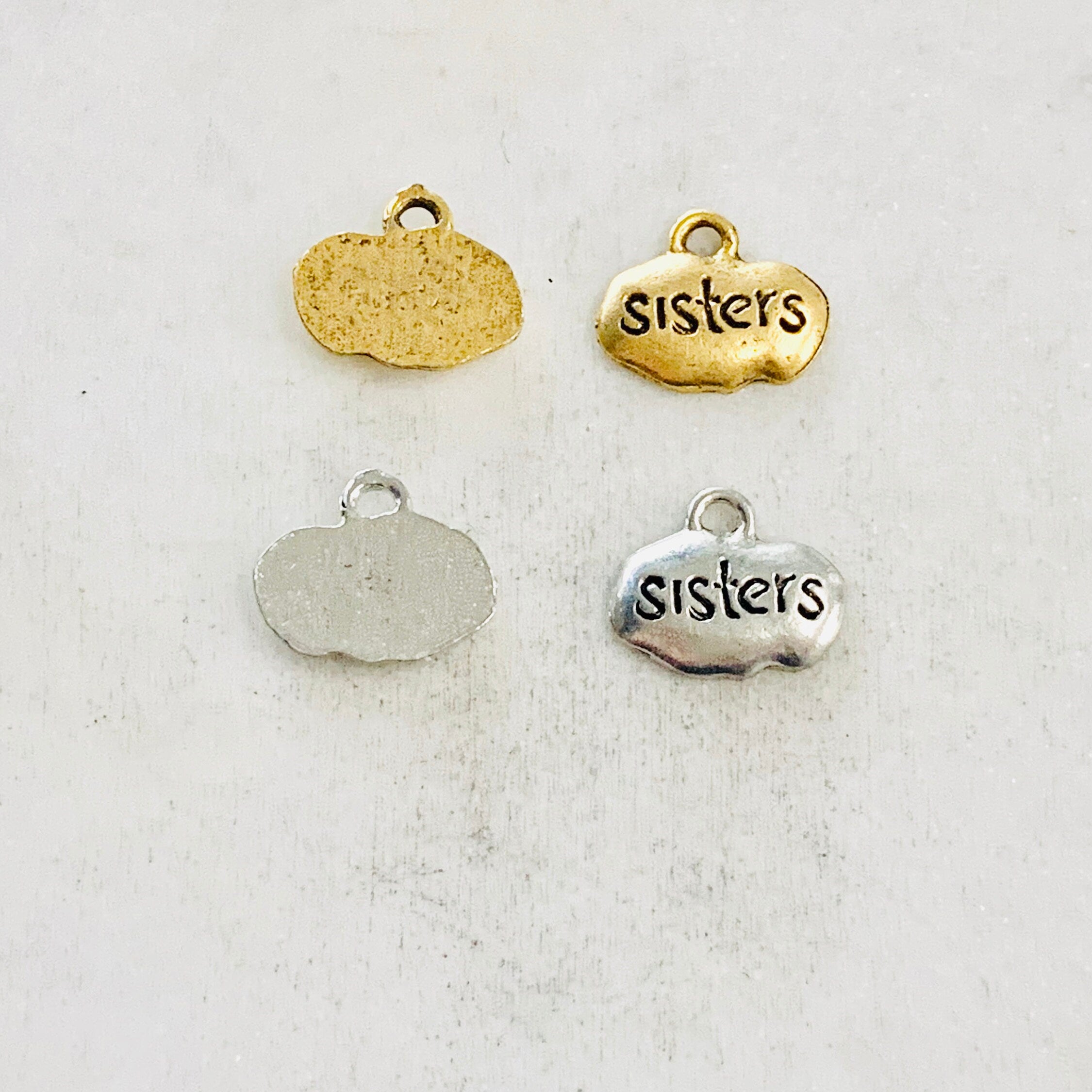 Pewter Wide Oval with Sisters Stamped Charm Pendant (2pc)