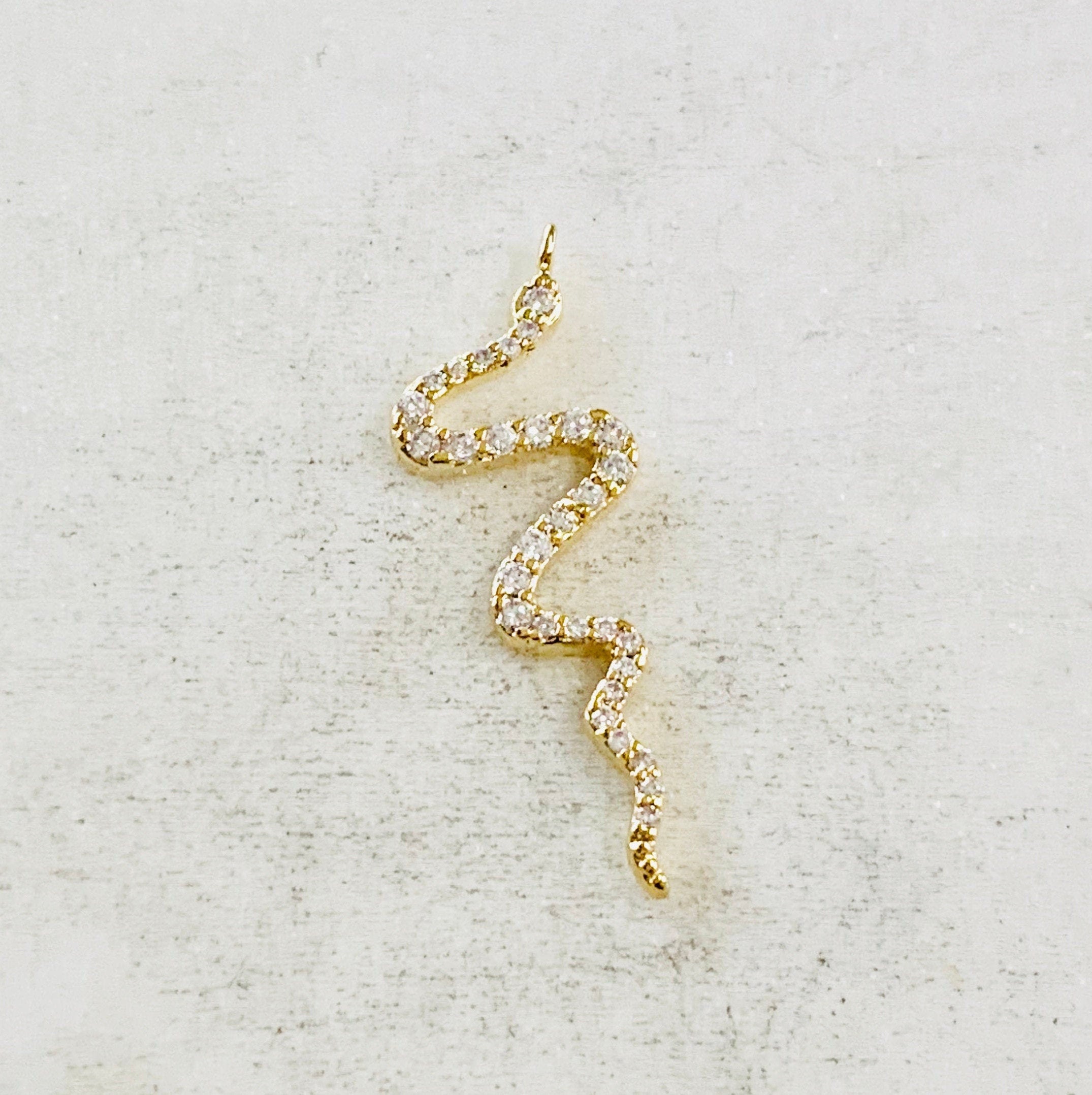 Gold Plated or Brass Long Curled Cubic Zirconia Snake Serpentine Charm