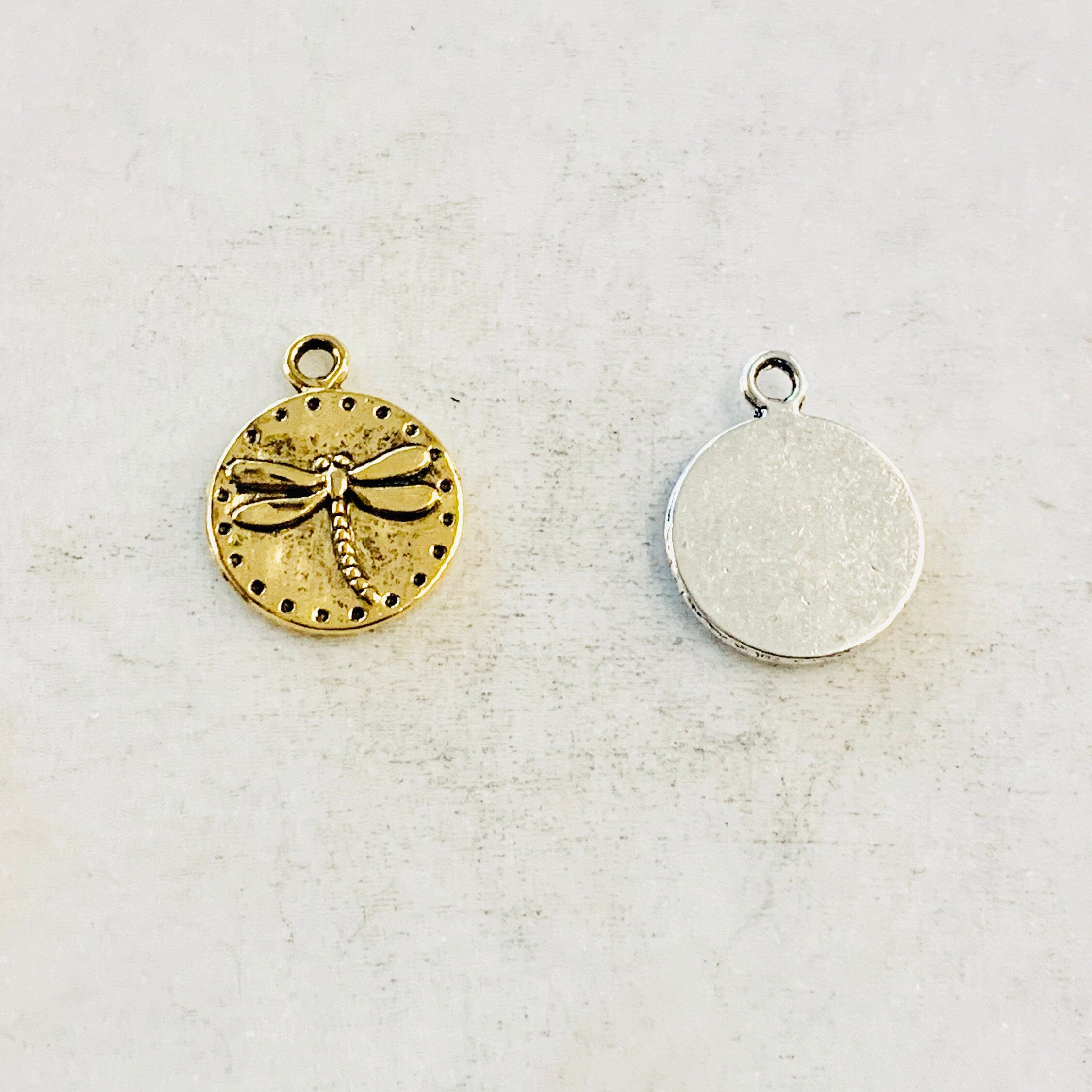 Pewter Dragonfly Raised Coin Charm Insect Nature Spring Pendant