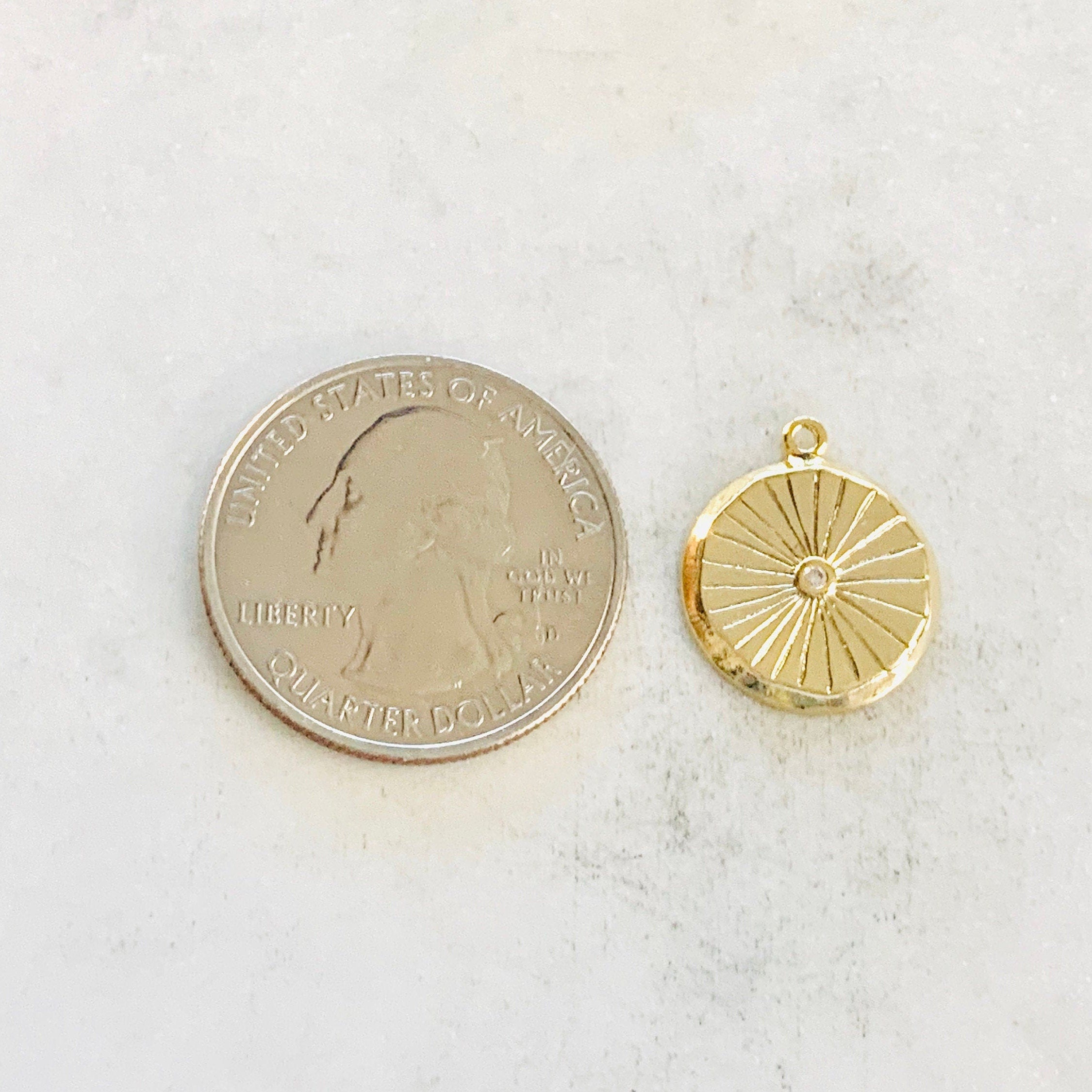 Gold Plated CZ StarBurst Medallion Coin Vintage Style Charm Cubic