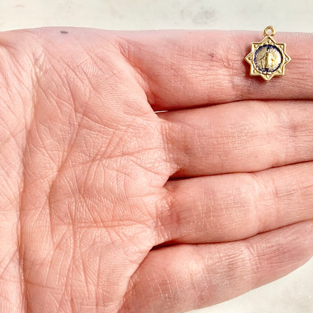 Gold Plated Small Epoxy Mother Mary Star Medallion Charm