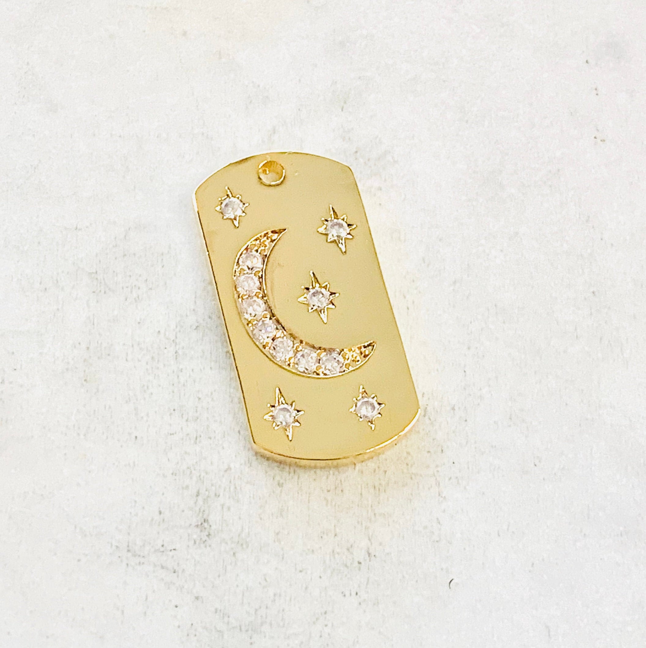Gold Plated or Brass CZ Moon and Star Dog Tag Charm Celestial CZ Crescent