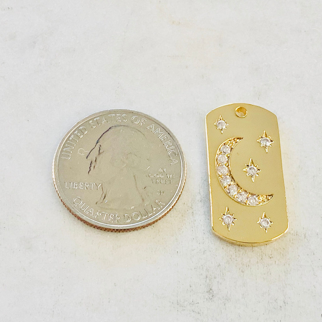Gold Plated or Brass CZ Moon and Star Dog Tag Charm Celestial CZ Crescent