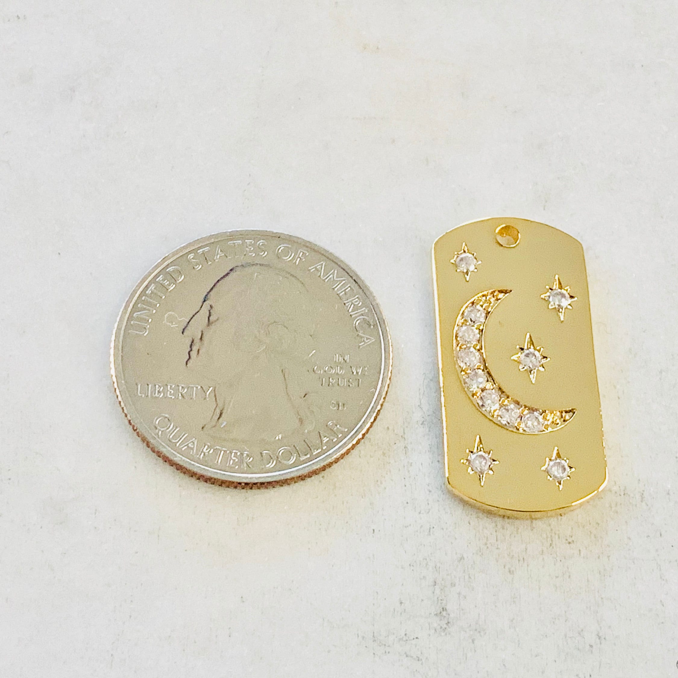 Gold Plated or Brass CZ Moon and Star Dog Tag Charm Celestial CZ Crescent