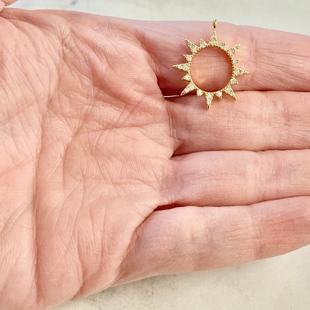 Gold Plated Cubic Zirconia Starburst Sun Charm Round Circle Drop