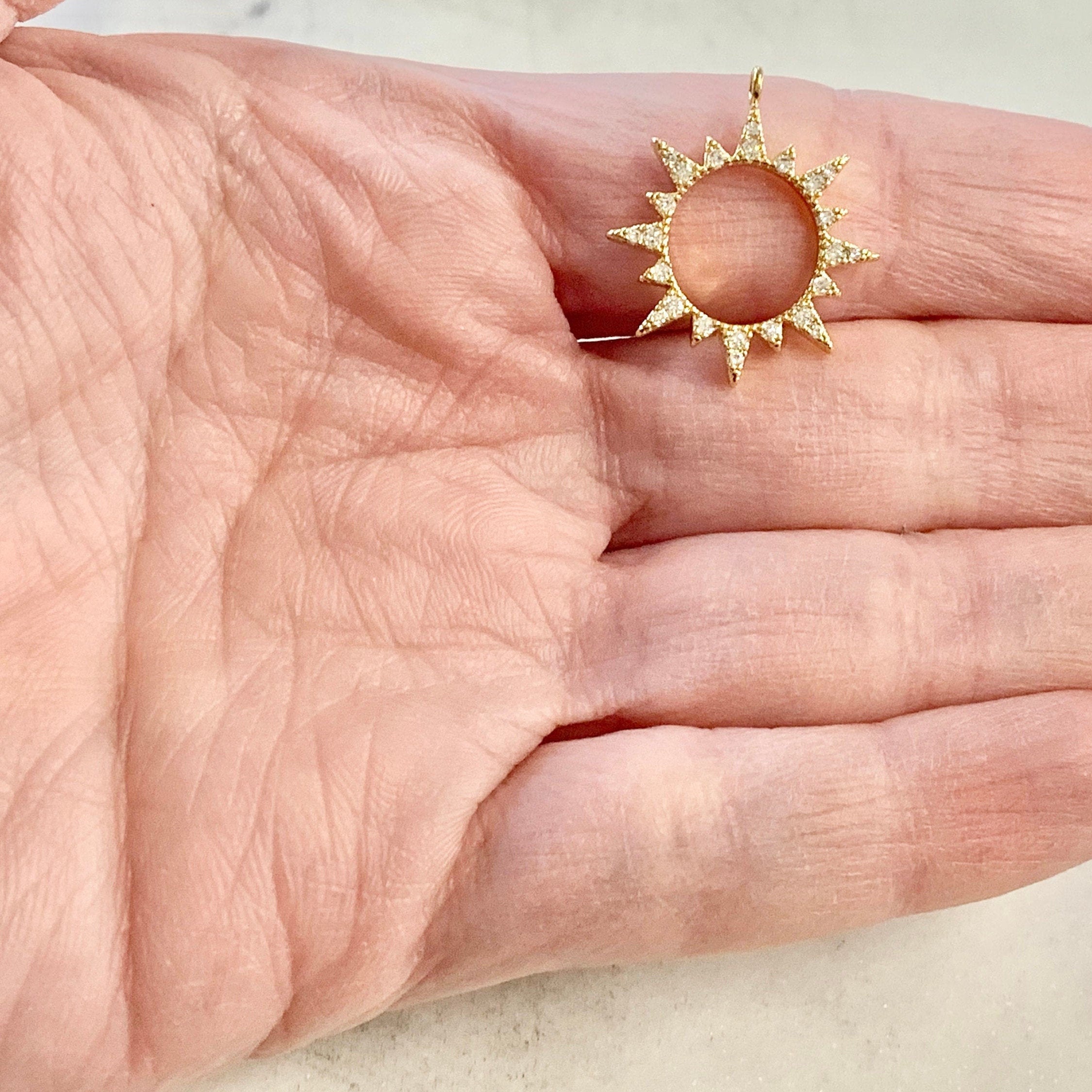 Gold Plated Cubic Zirconia Starburst Sun Charm Round Circle Drop