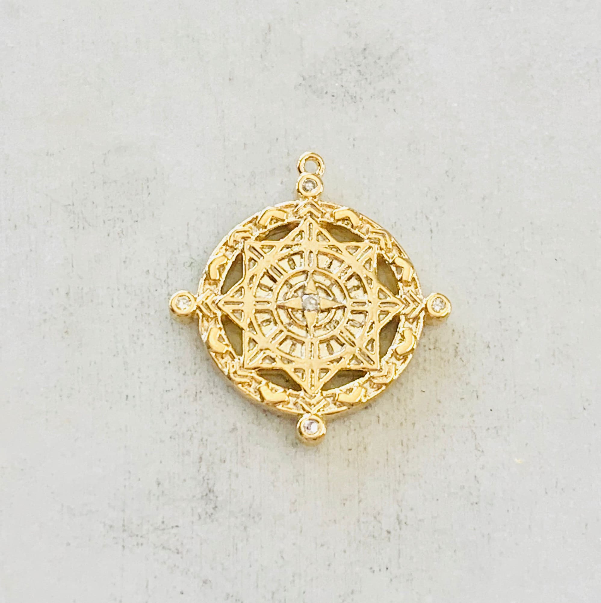 Gold Plated or Brass Vintage Style 4 Point Coin Disc Medallion Charm CZ Drop