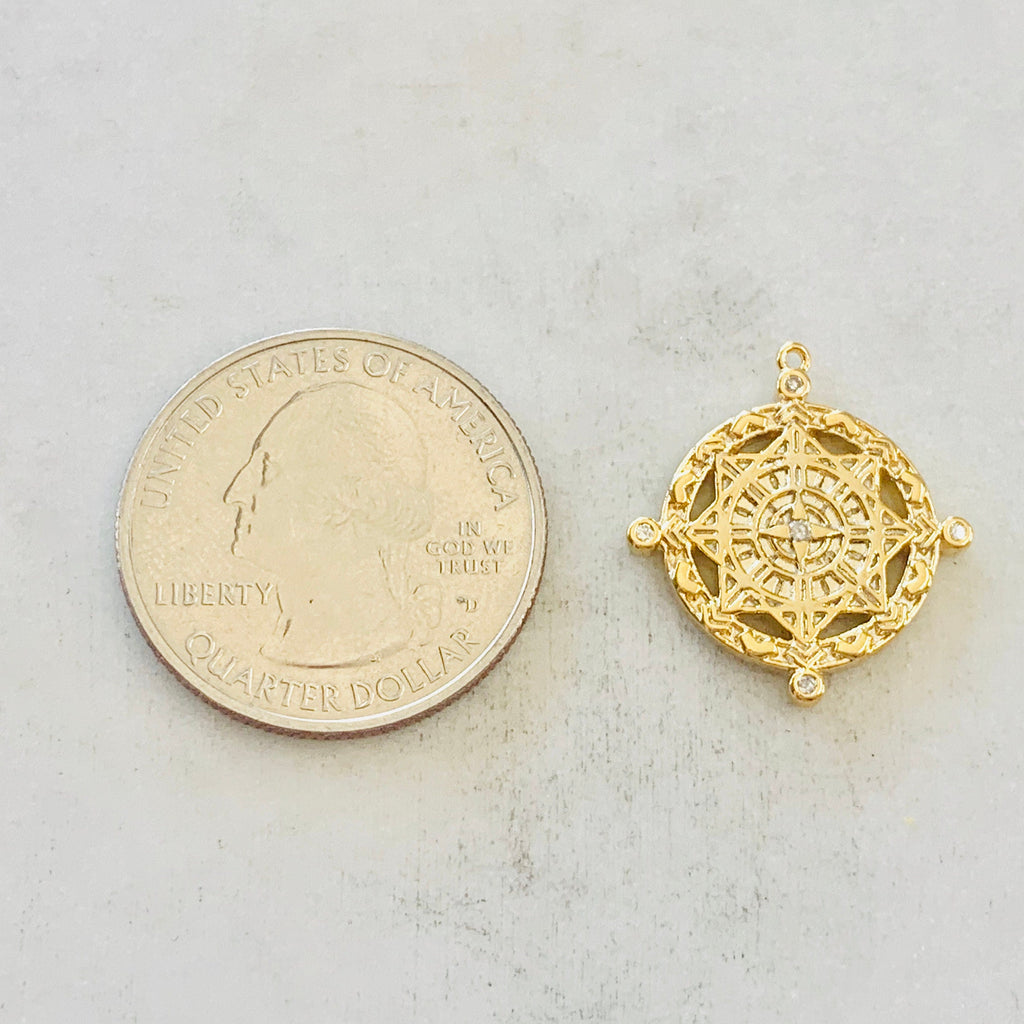 Gold Plated or Brass Vintage Style 4 Point Coin Disc Medallion Charm CZ Drop