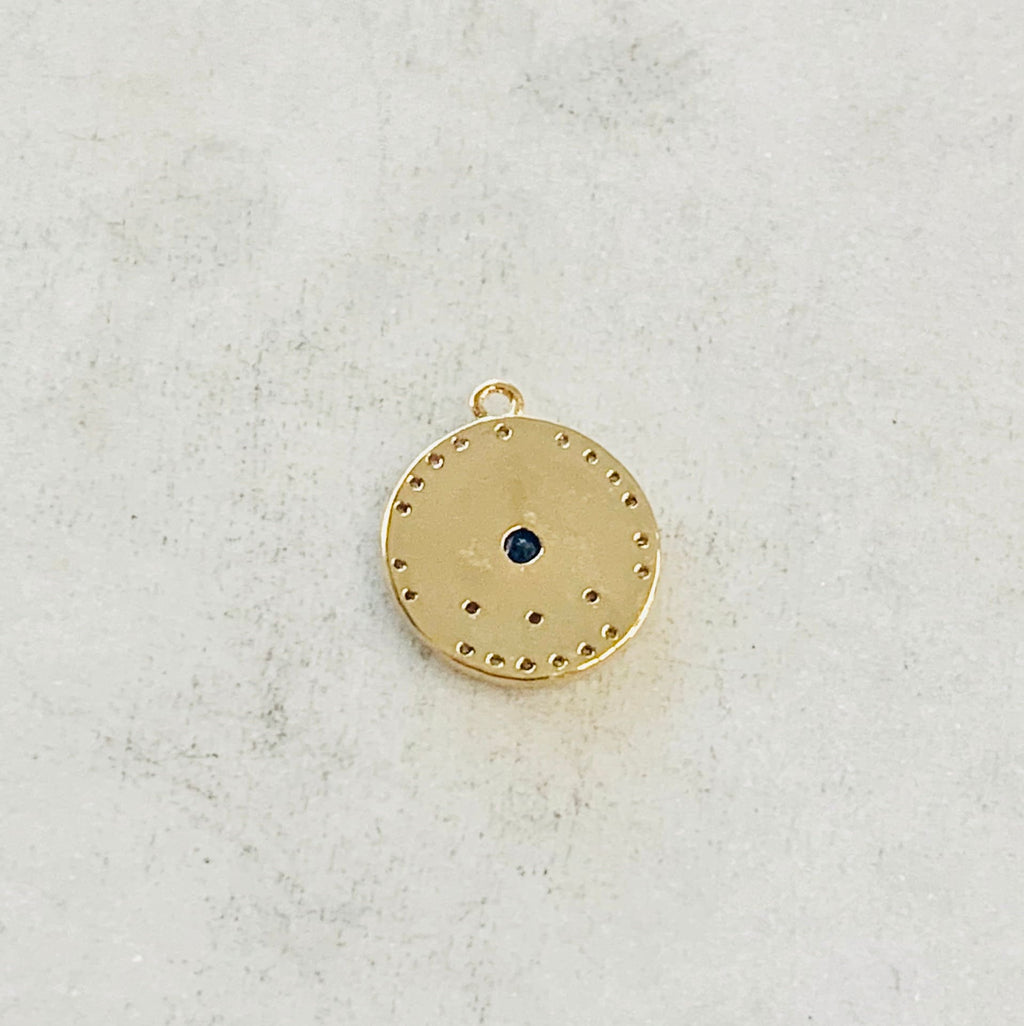 Gold Plated or Brass Round Blue Crystal Evil Eye Charm Pendant Evil Eye Coin