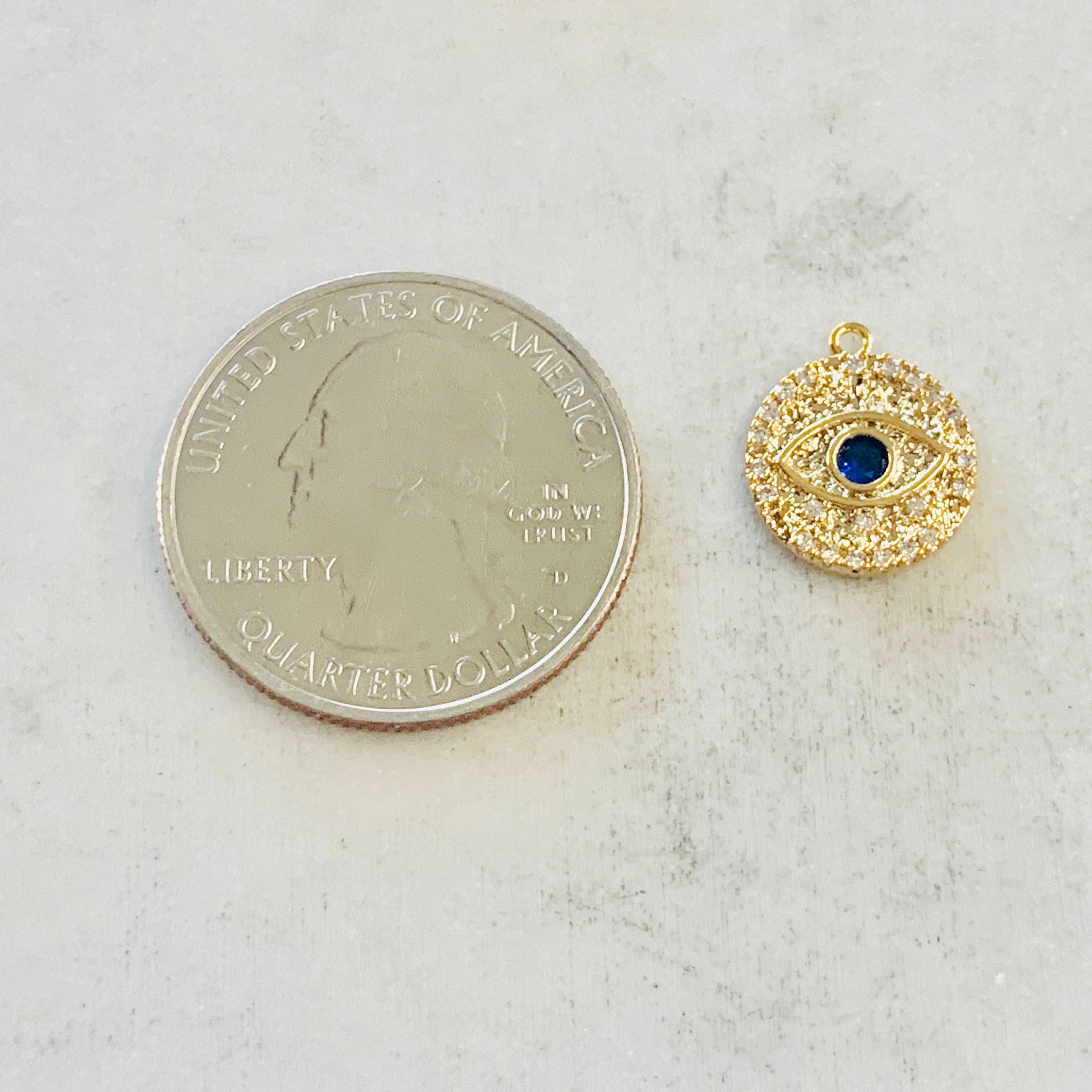 Gold Plated or Brass Round Blue Crystal Evil Eye Charm Pendant Evil Eye Coin