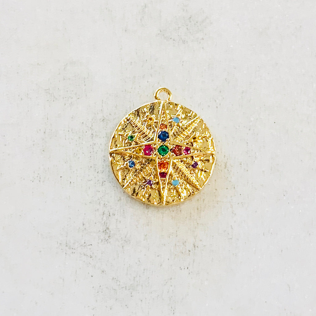 Gold Plated or Brass Rainbow CZ North Star Charm Coin Round Circle Gold Drop