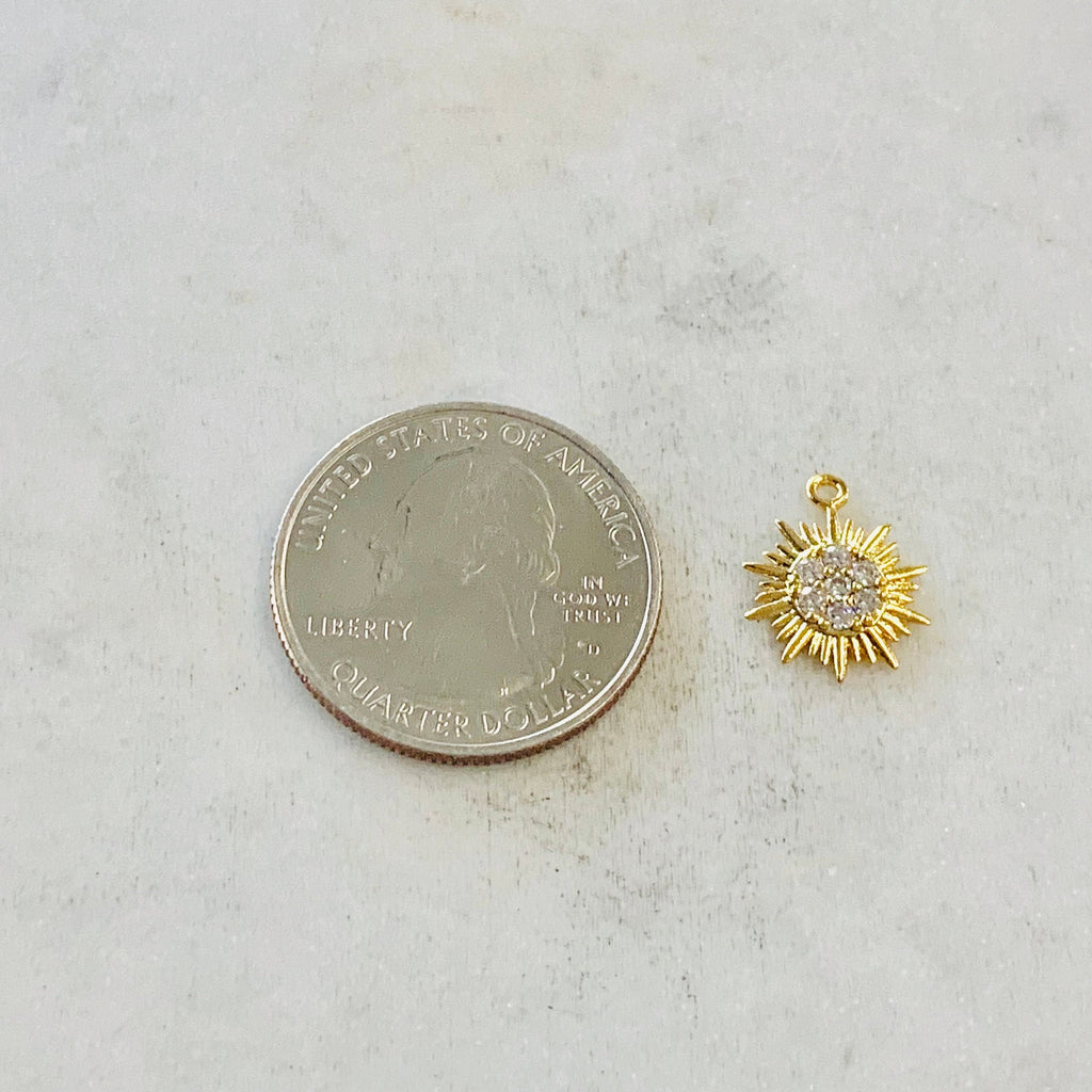 Gold Plated or Base Metal Tiny Small CZ Starburst Sun Charm Round Circle Drop