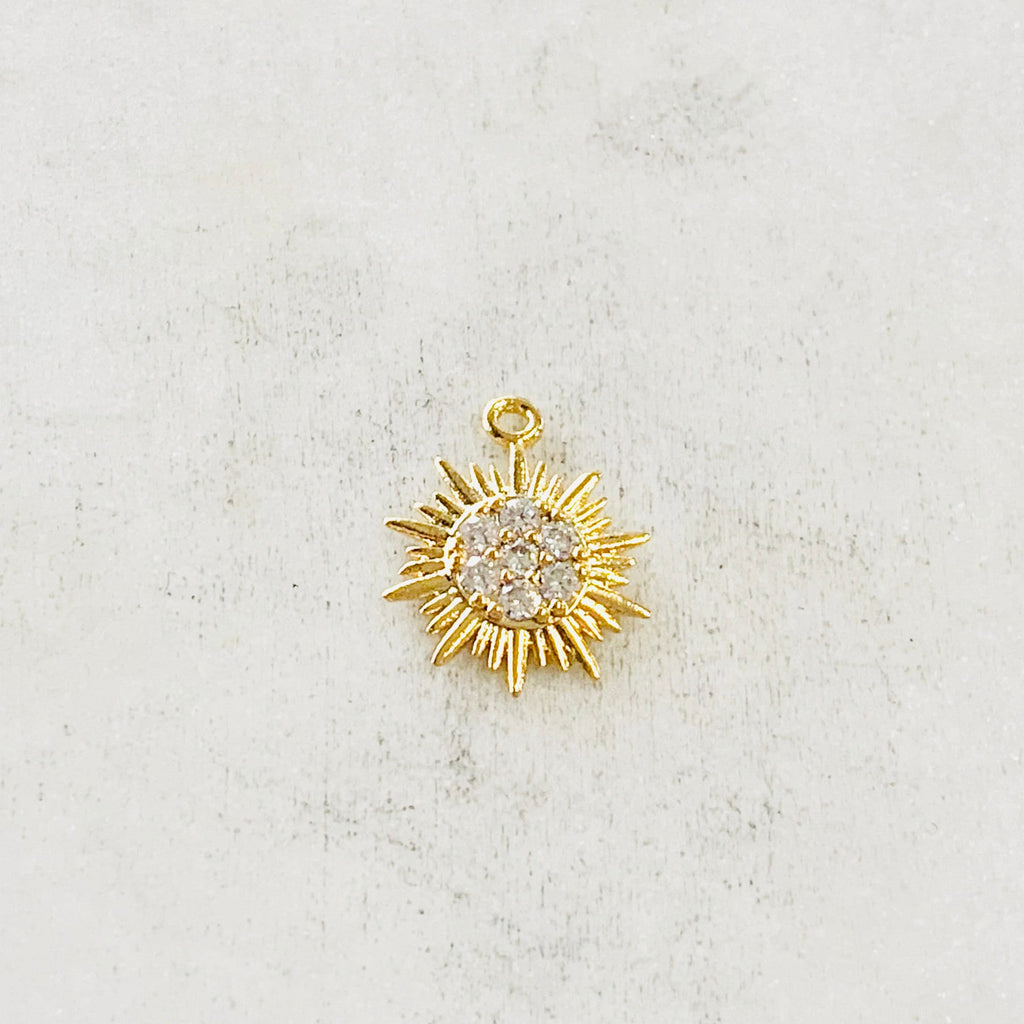 Gold Plated or Base Metal Tiny Small CZ Starburst Sun Charm Round Circle Drop