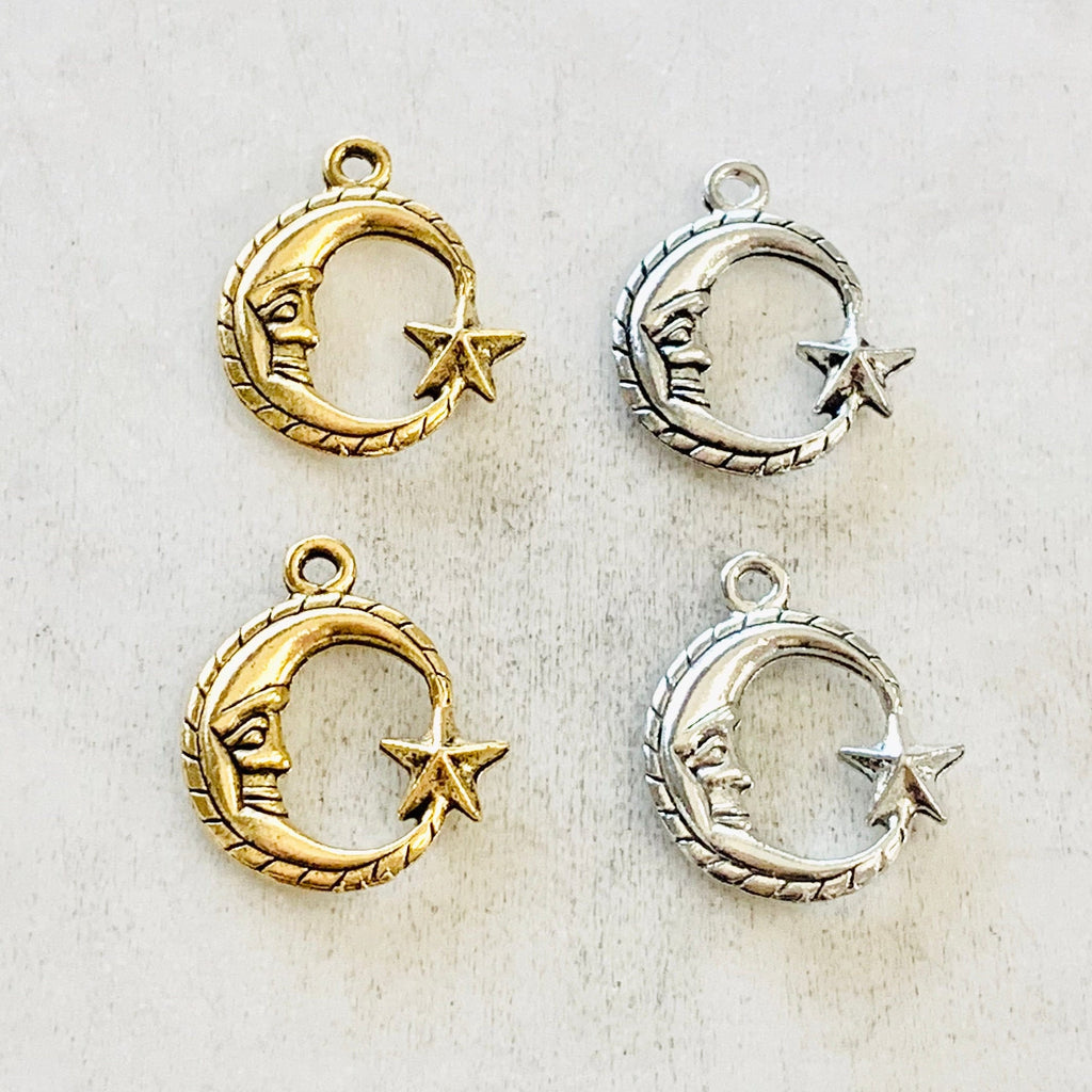 Pewter Crescent Moon and Attached Star Charm Celestial Pendant (2pc)