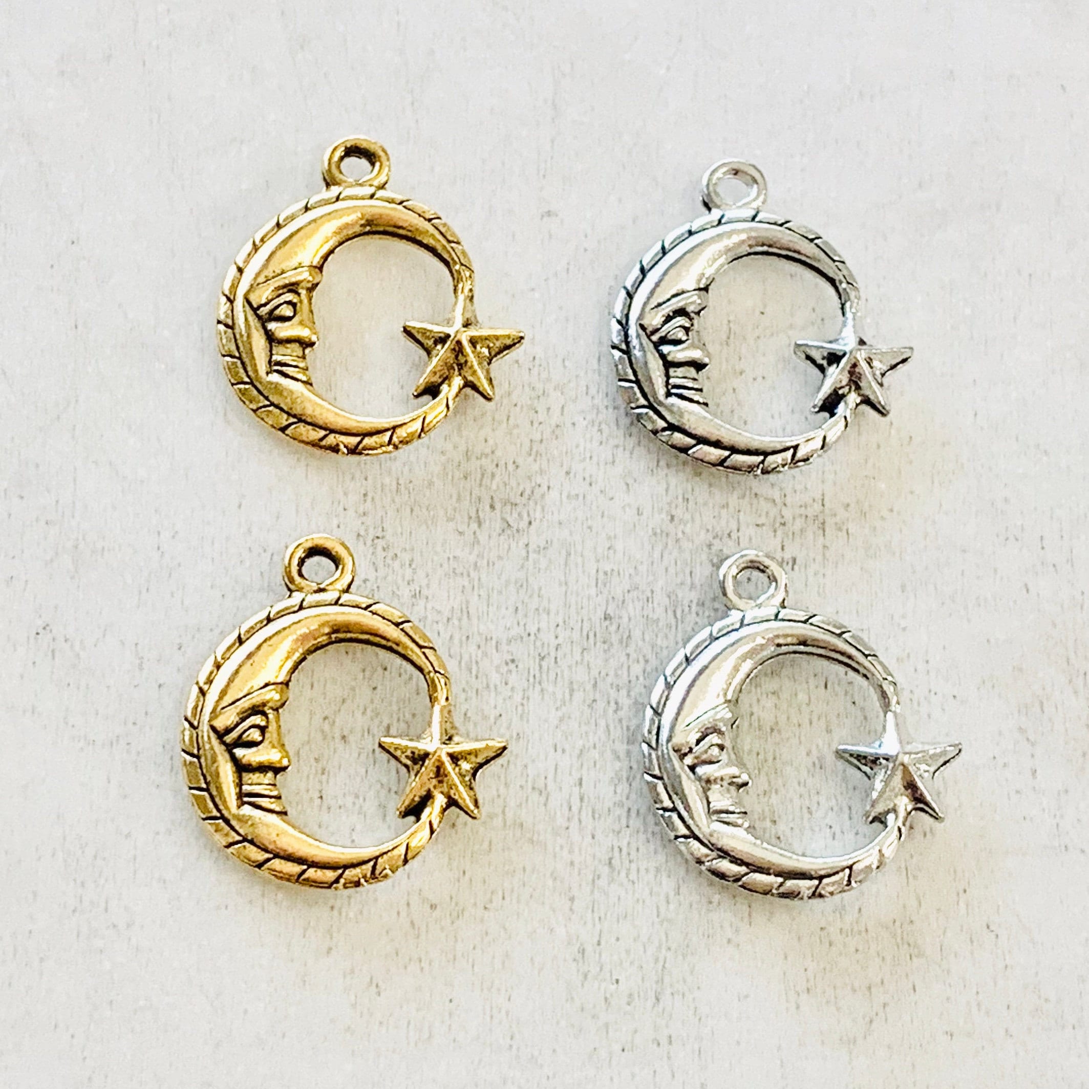 Pewter Crescent Moon and Attached Star Charm Celestial Pendant (2pc)
