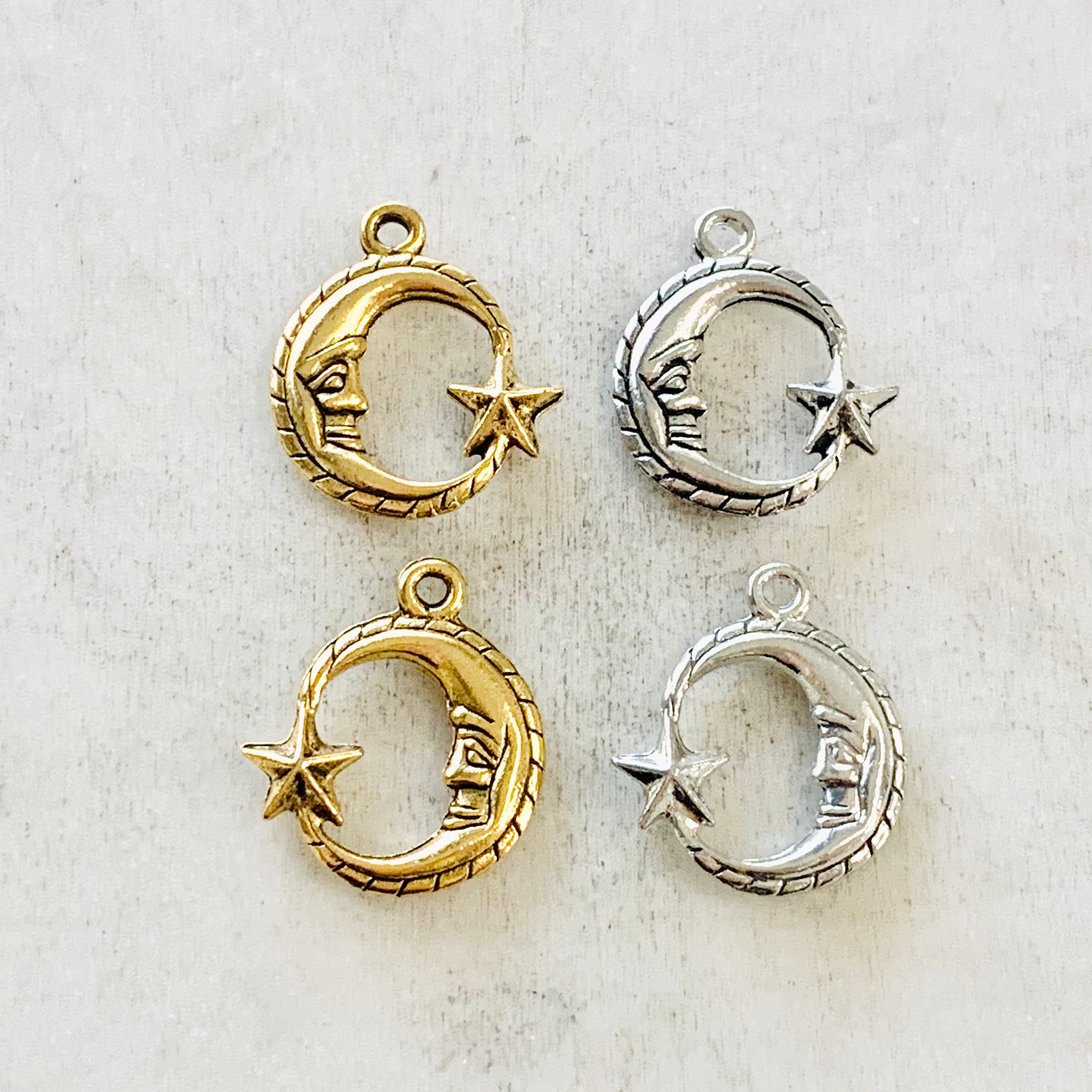 Pewter Crescent Moon and Attached Star Charm Celestial Pendant (2pc)