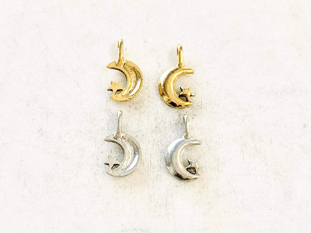 Pewter Small Crescent Moon Attached Star Celestial Pendant (2pc)
