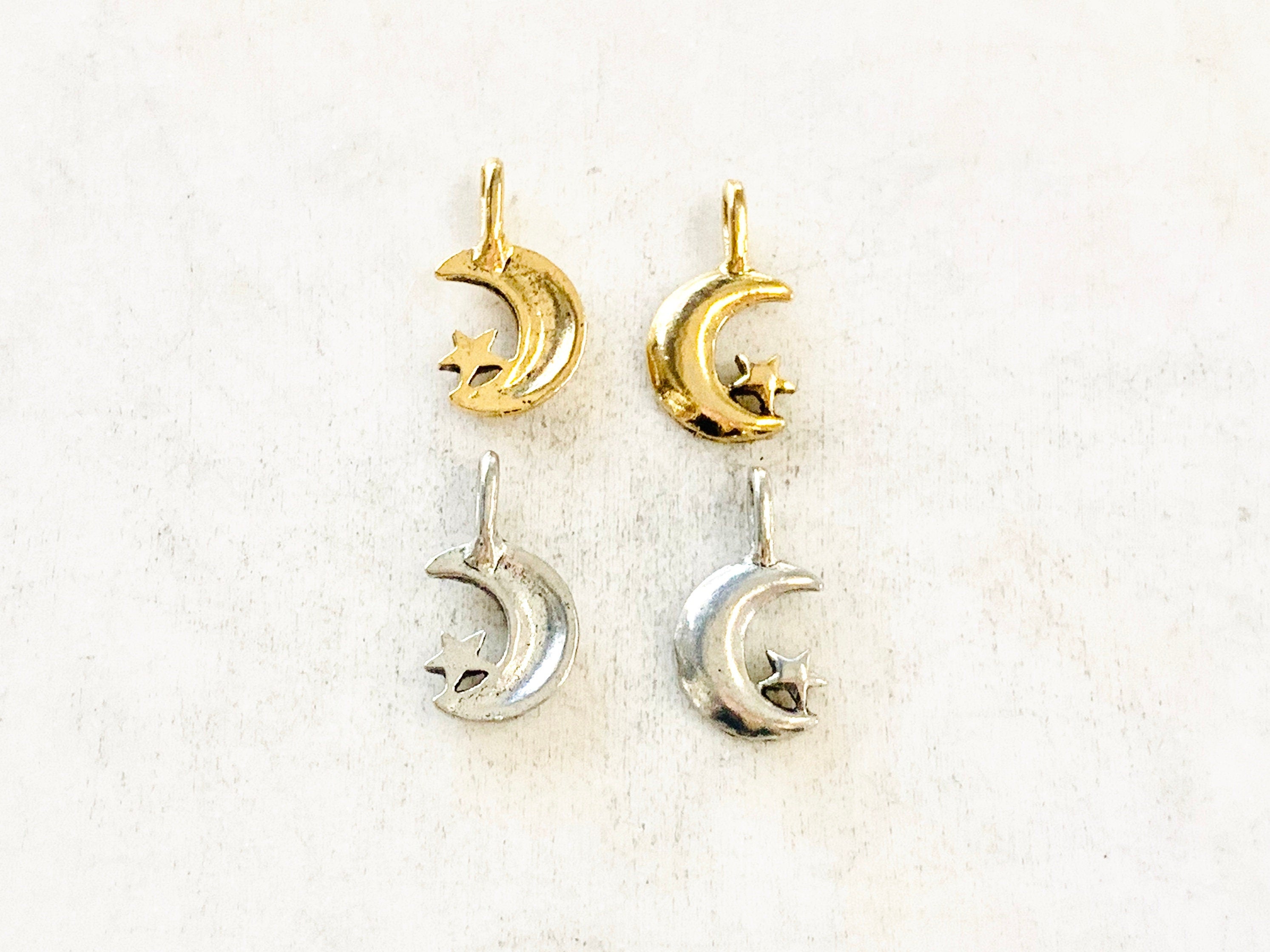 Pewter Small Crescent Moon Attached Star Celestial Pendant (2pc)