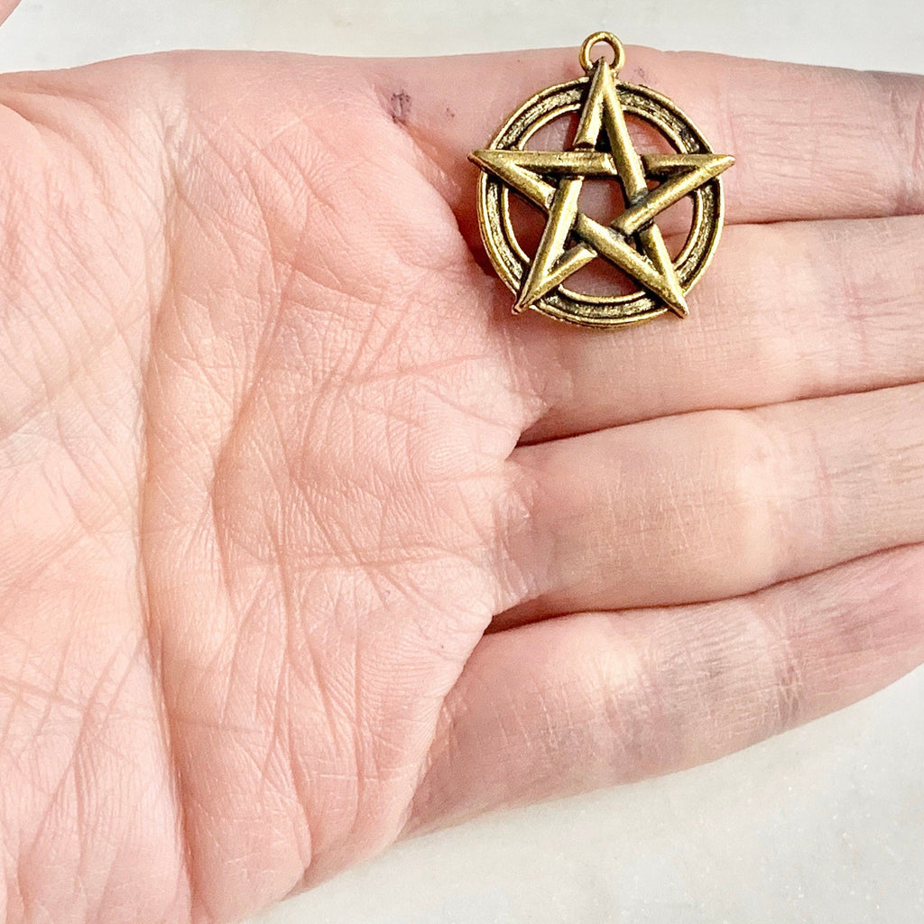 Pewter Wiccan Symbol Large 5 Point Star Mythologian Charm – Antique Gold