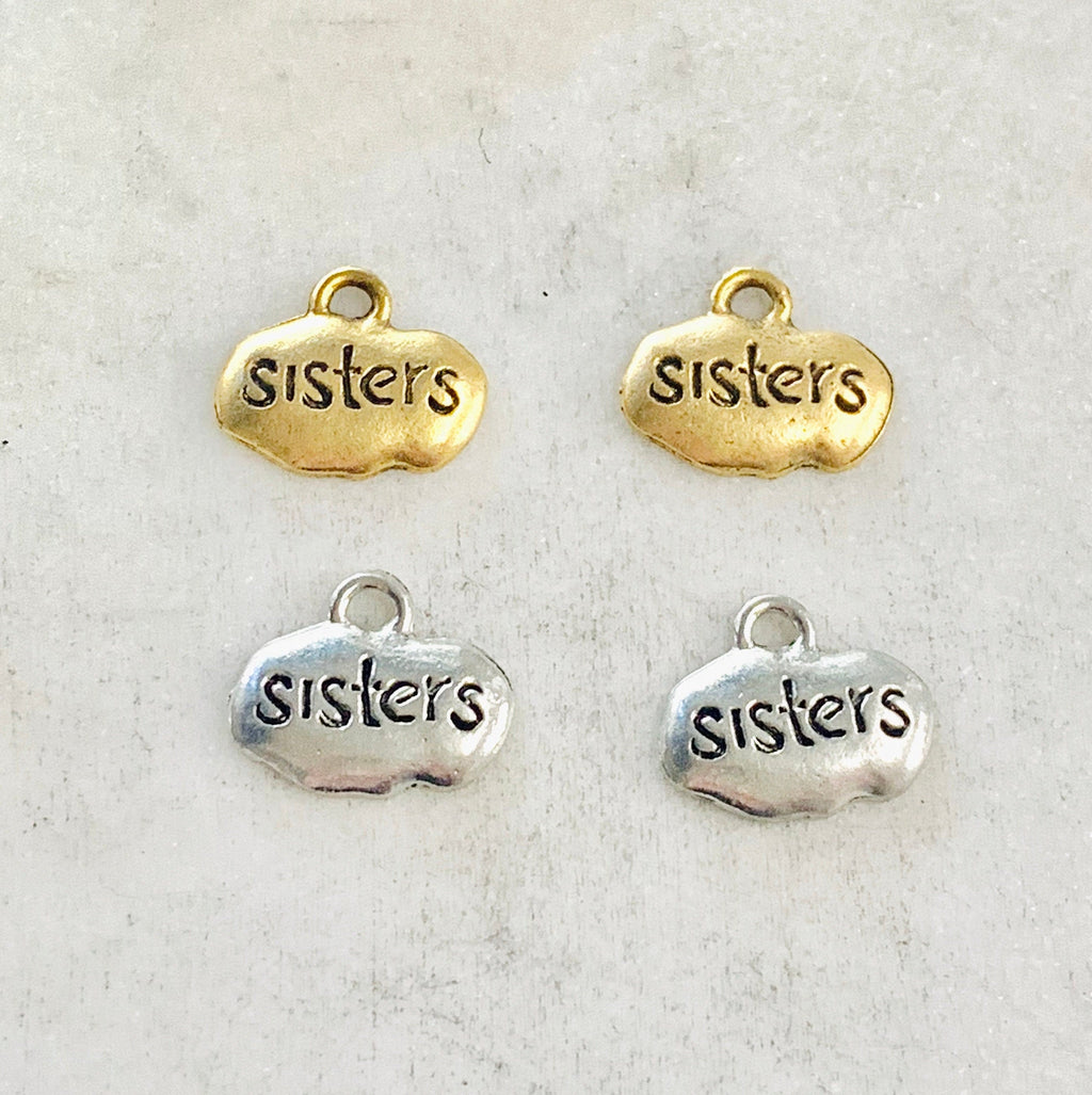 Pewter Wide Oval with Sisters Stamped Charm Pendant (2pc)