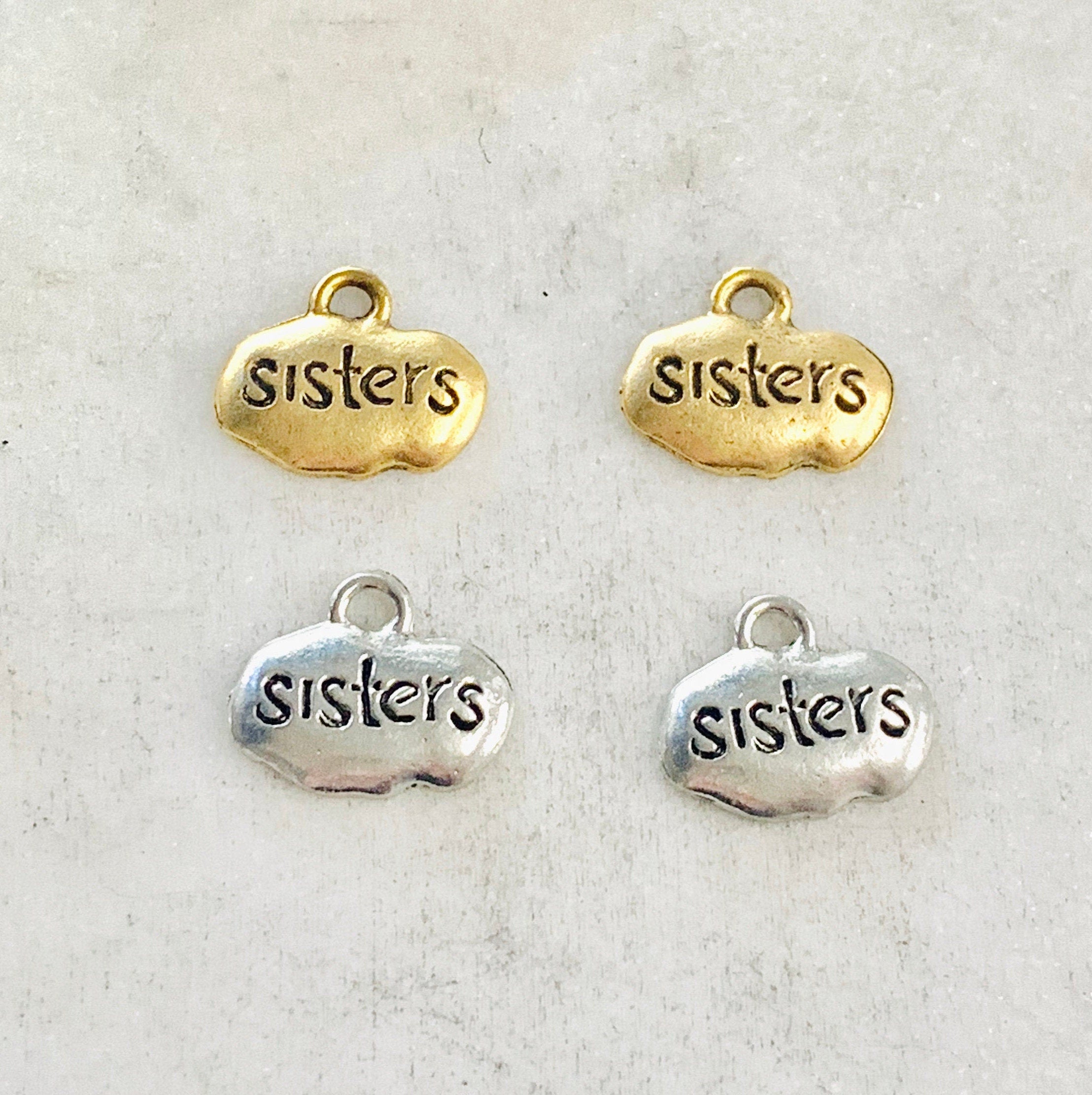 Pewter Wide Oval with Sisters Stamped Charm Pendant (2pc)