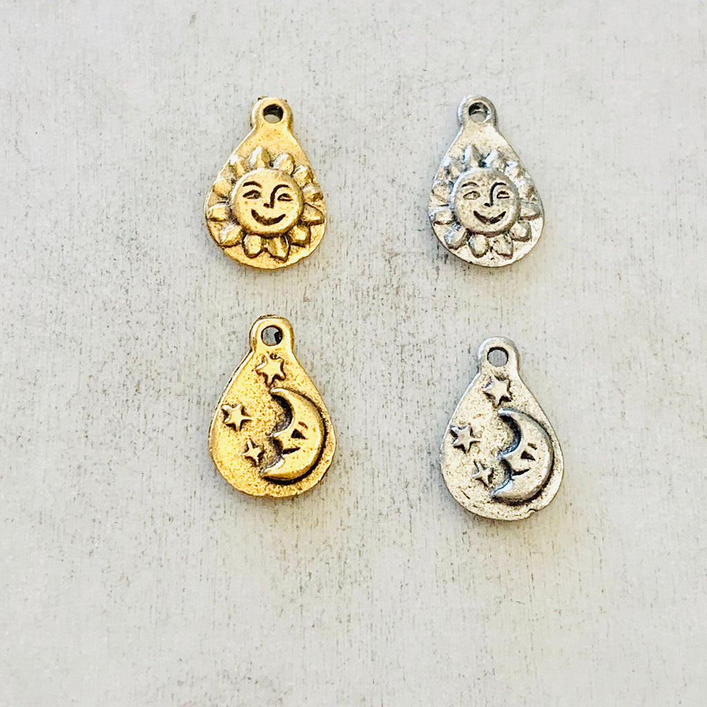 Pewter Smiling Sun Sunshine Charm with Moon and Stars on Back (2pc)