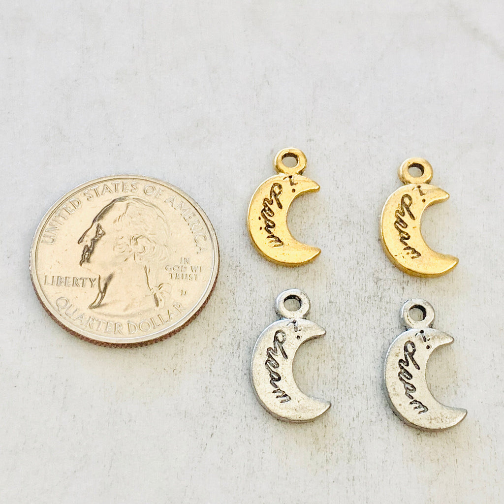 Pewter I Dream Crescent Moon Charm Celestial Starry Night (2pc)