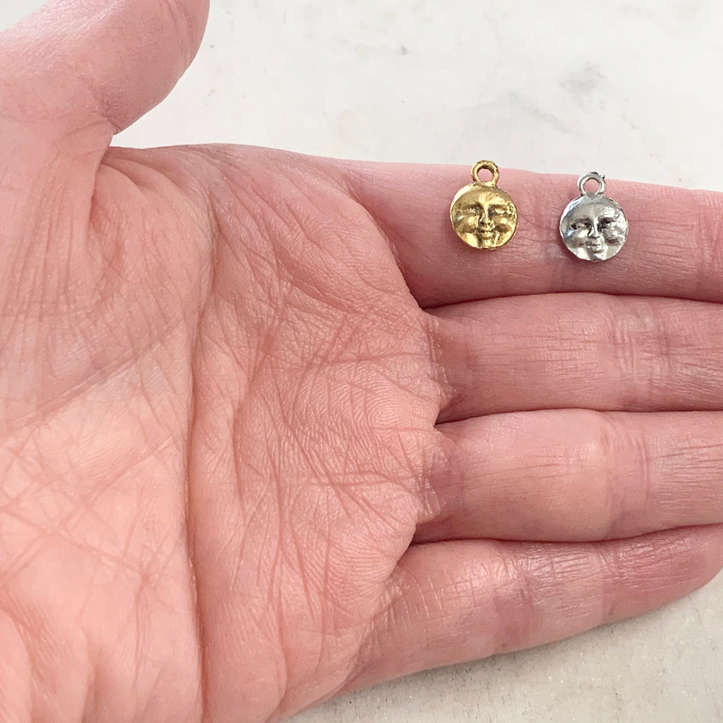 Pewter Small Round Detailed Full Moon Face Charm Double Sided (2pc)
