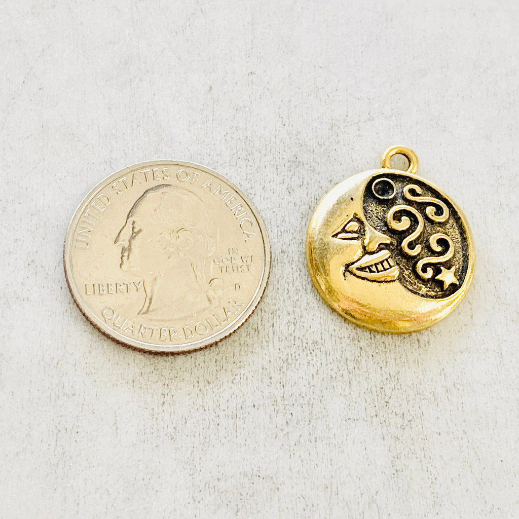 Pewter Round Coin Smiling Crescent Moon Swirl and Star Charm (2pc)
