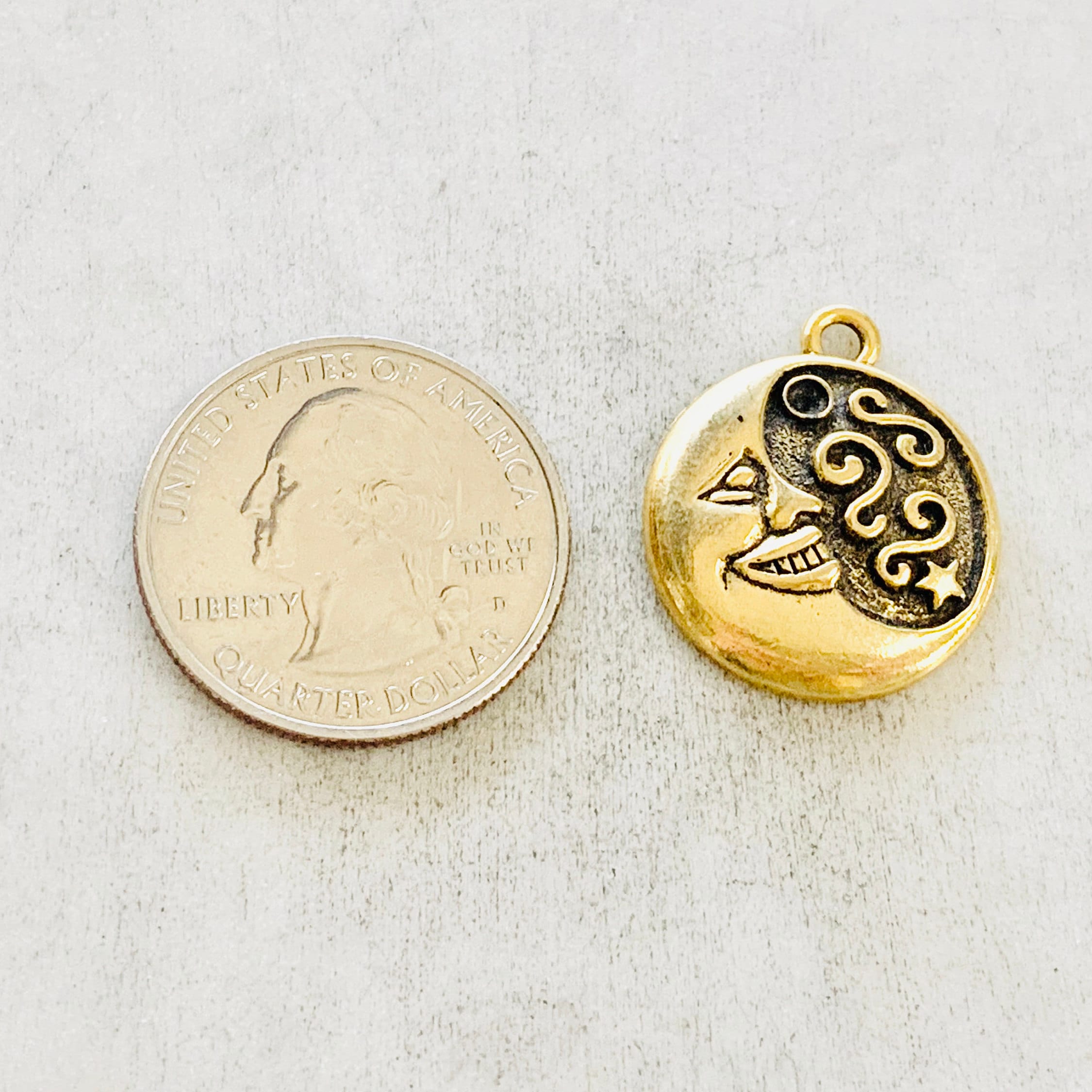 Pewter Round Coin Smiling Crescent Moon Swirl and Star Charm (2pc)