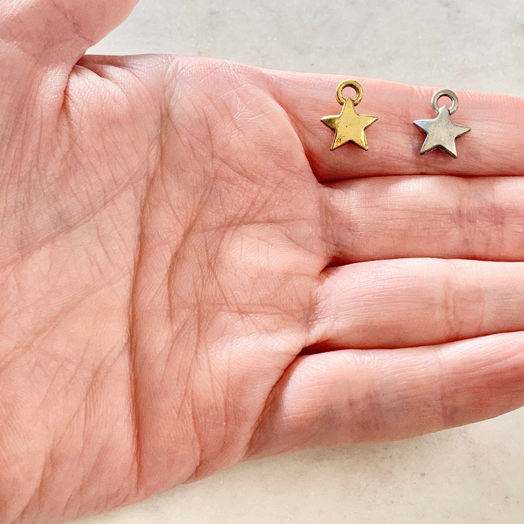 Pewter Puffy Star Charm Celestial Pendant Antique Gold Antique (2pc)