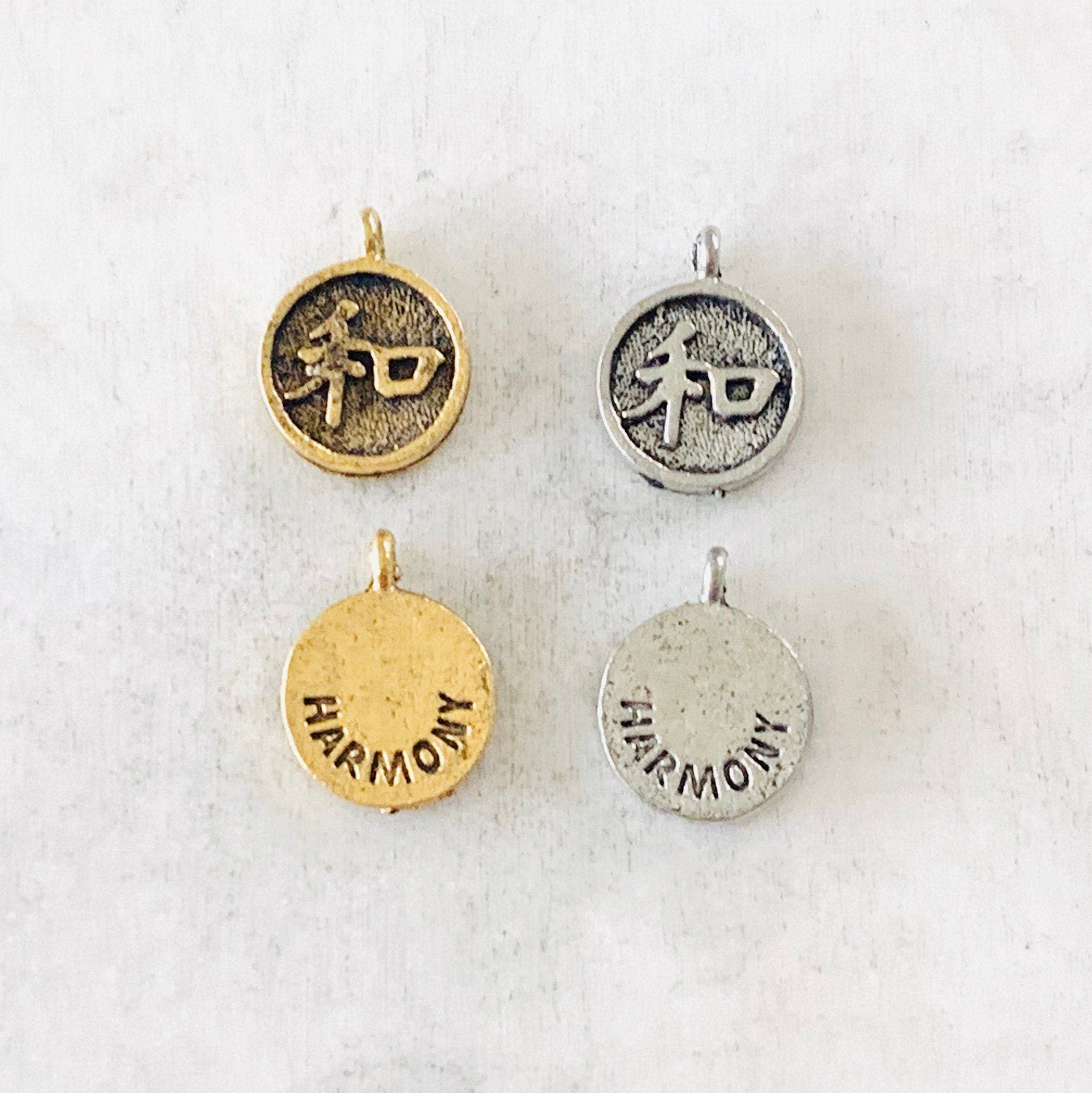 Pewter Chinese Harmony Symbol Round Disc Charm Drop Charm (2pc)