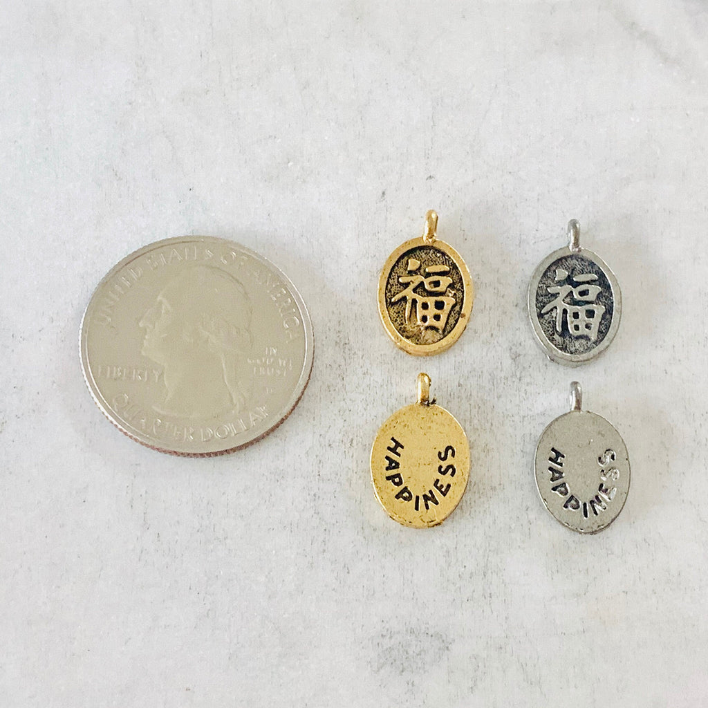 Pewter Chinese Happiness Symbol Oval Charm Drop Charm Pendant (2pc)