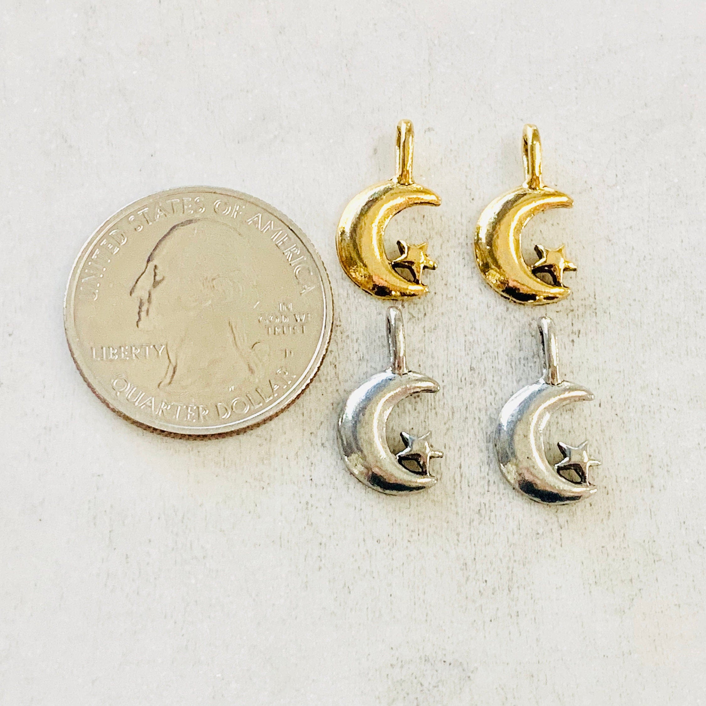 Pewter Small Crescent Moon Attached Star Celestial Pendant (2pc)