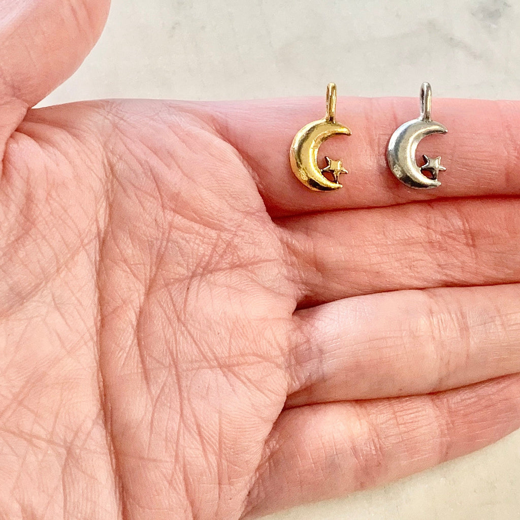 Pewter Small Crescent Moon Attached Star Celestial Pendant (2pc)