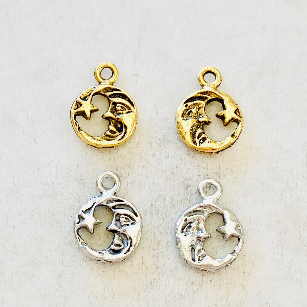 Pewter Small Round Detailed Crescent Moon with Star Celestial (2pc)