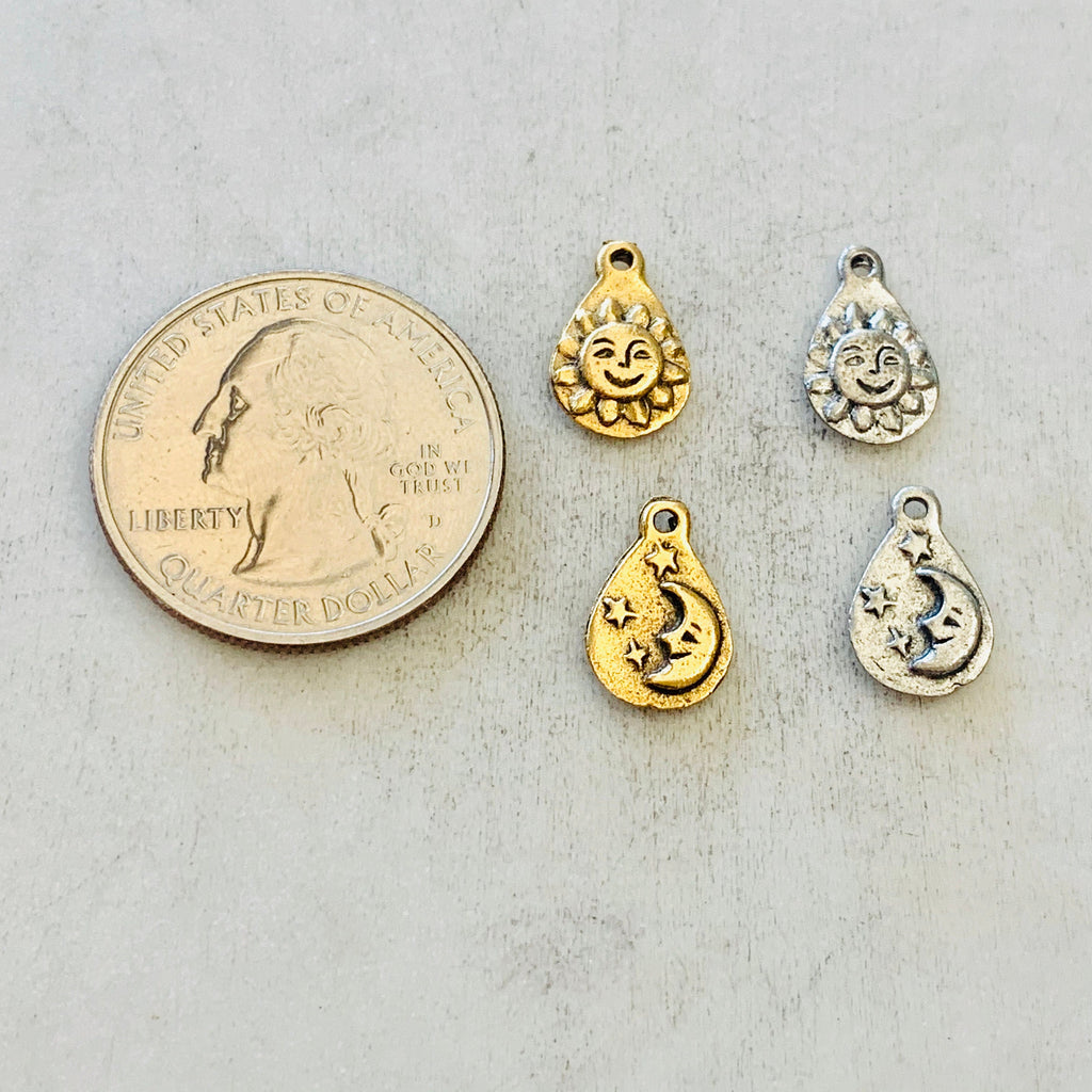 Pewter Smiling Sun Sunshine Charm with Moon and Stars on Back (2pc)