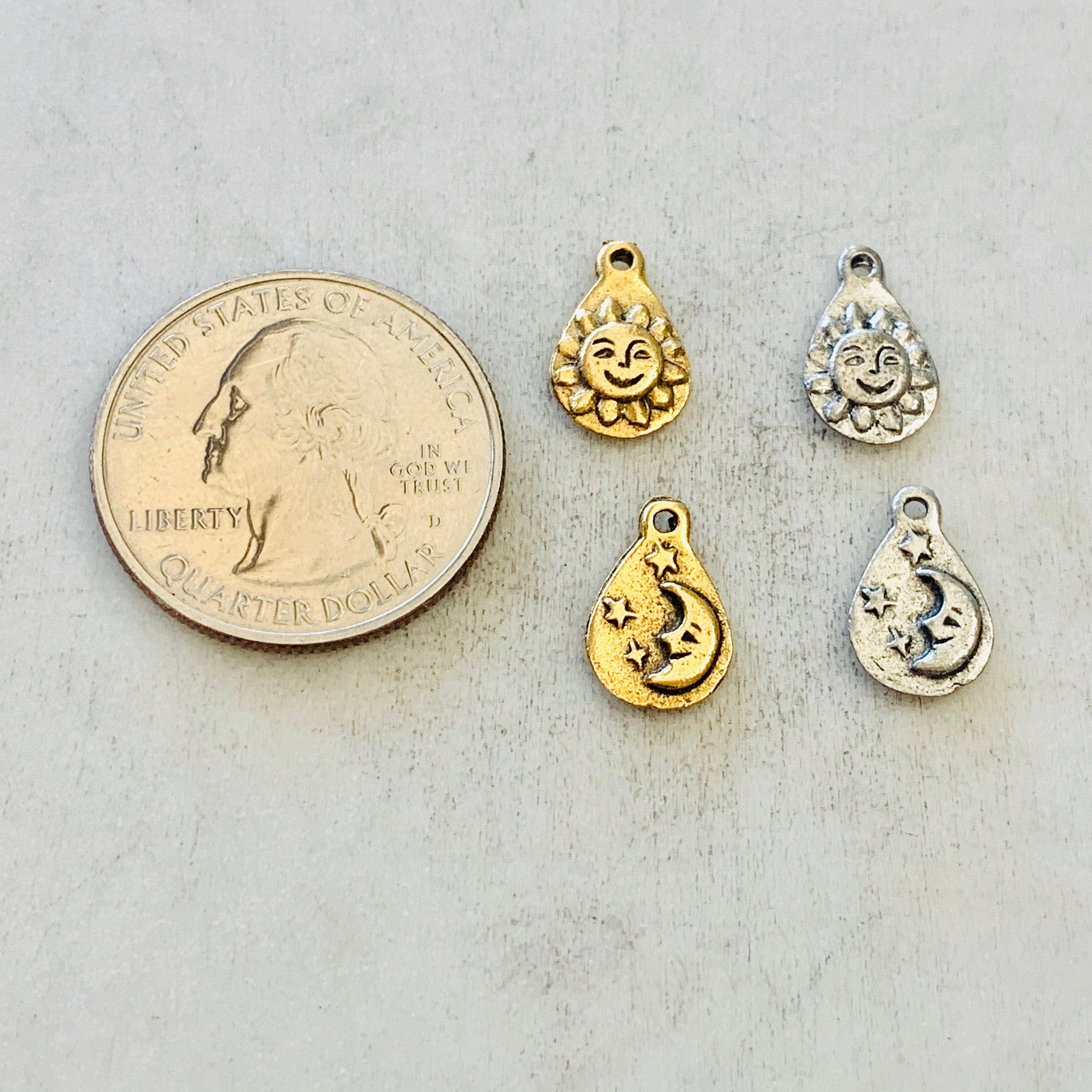Pewter Smiling Sun Sunshine Charm with Moon and Stars on Back (2pc)