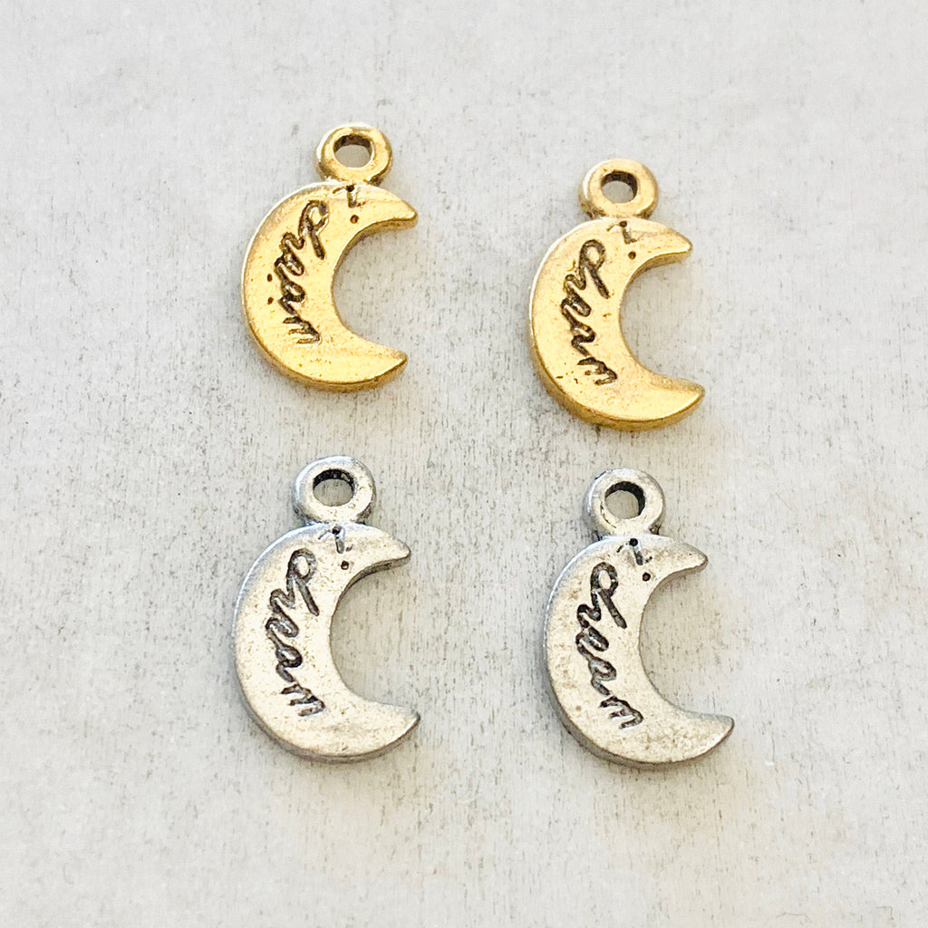 Pewter I Dream Crescent Moon Charm Celestial Starry Night (2pc)