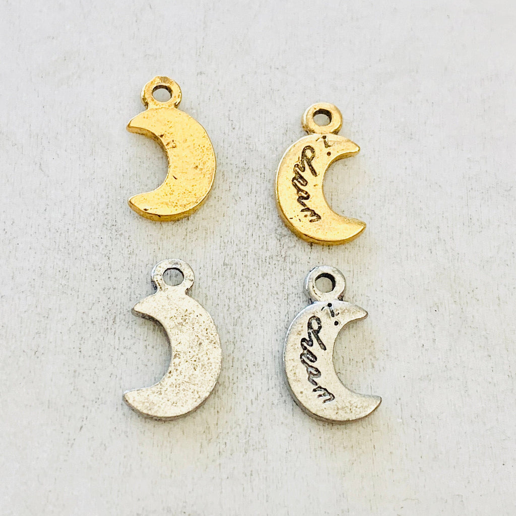 Pewter I Dream Crescent Moon Charm Celestial Starry Night (2pc)