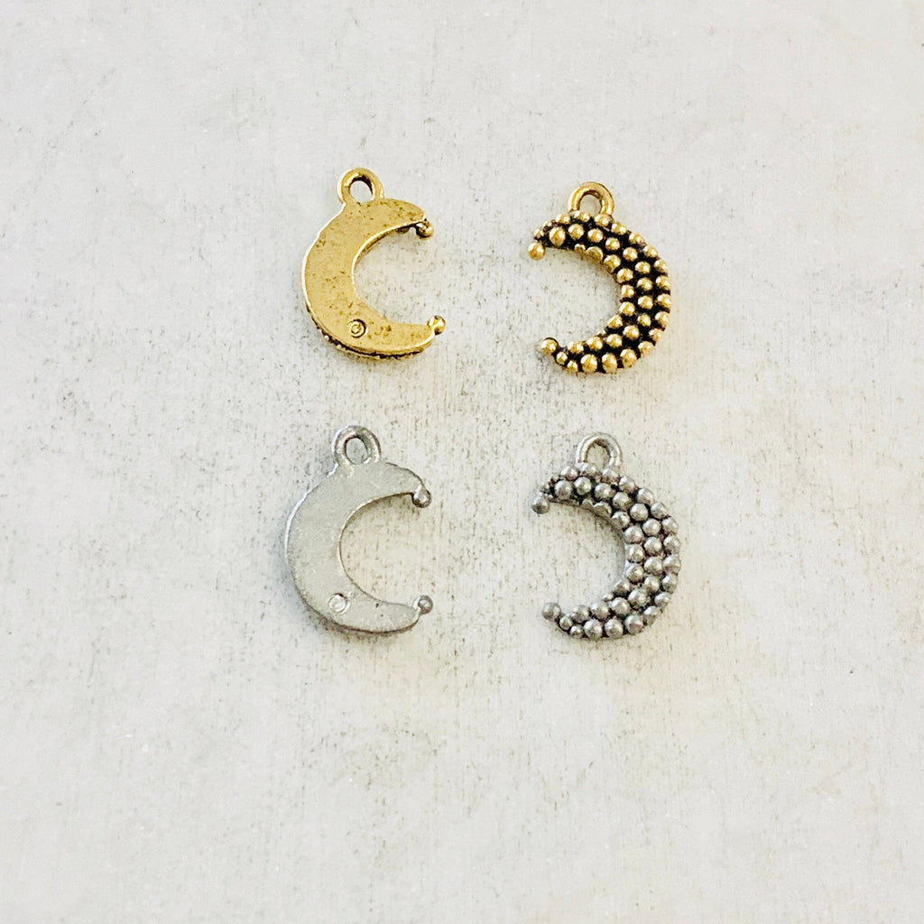 Pewter Dotted Crescent Moon Charm Celestial Pendant Antique (2pc)