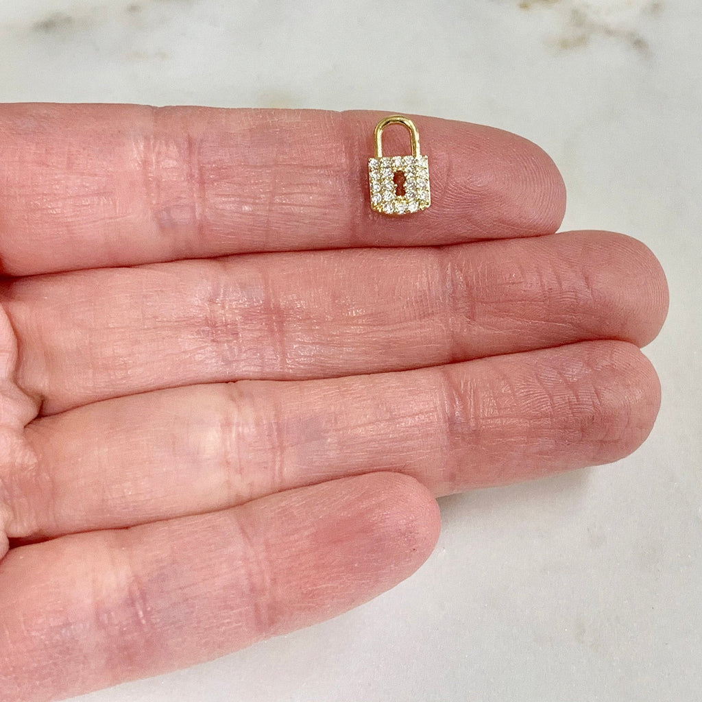 9mmx 6mm Gold Plated Dainty Mini Pave CZ Detailed Lock Charm