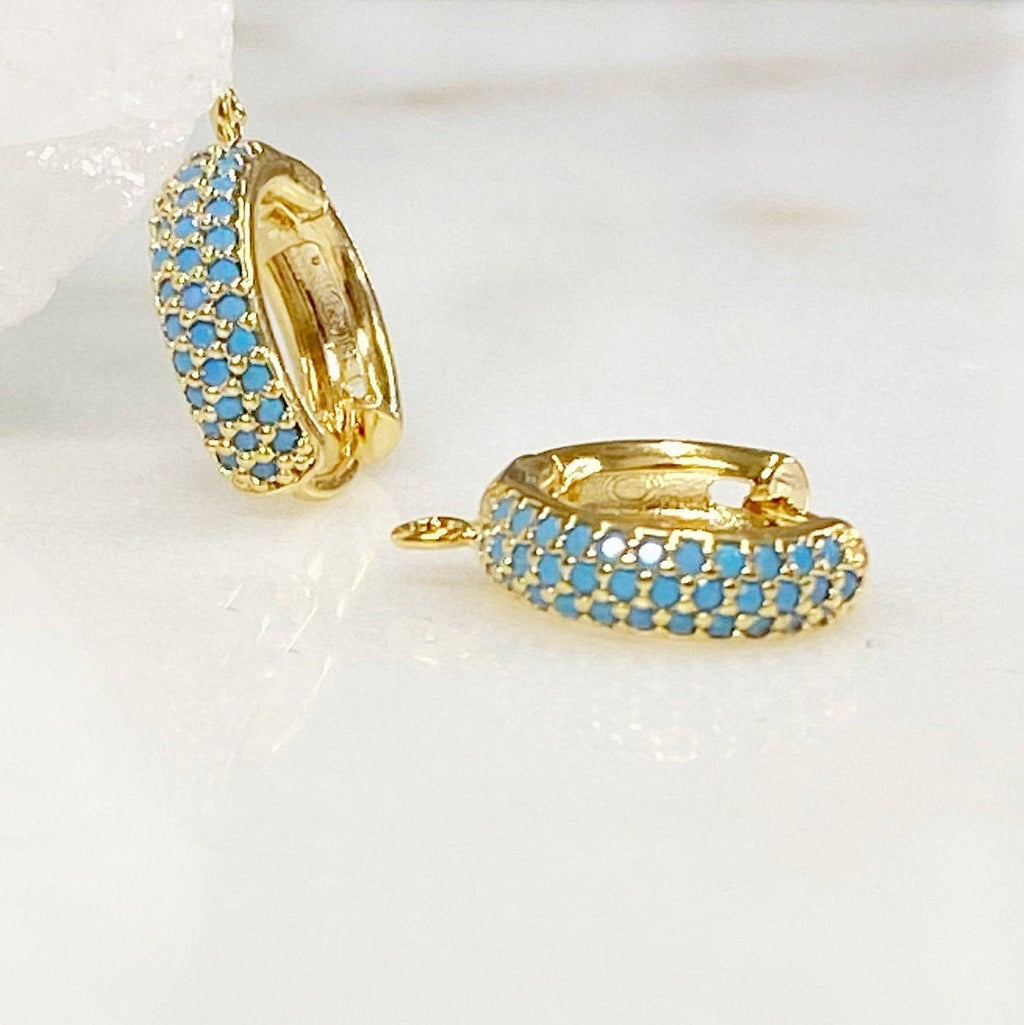 Gold Plated Shimmering CZ Pave Turquoise Hoop Earrings Earring Hoop (2pc)