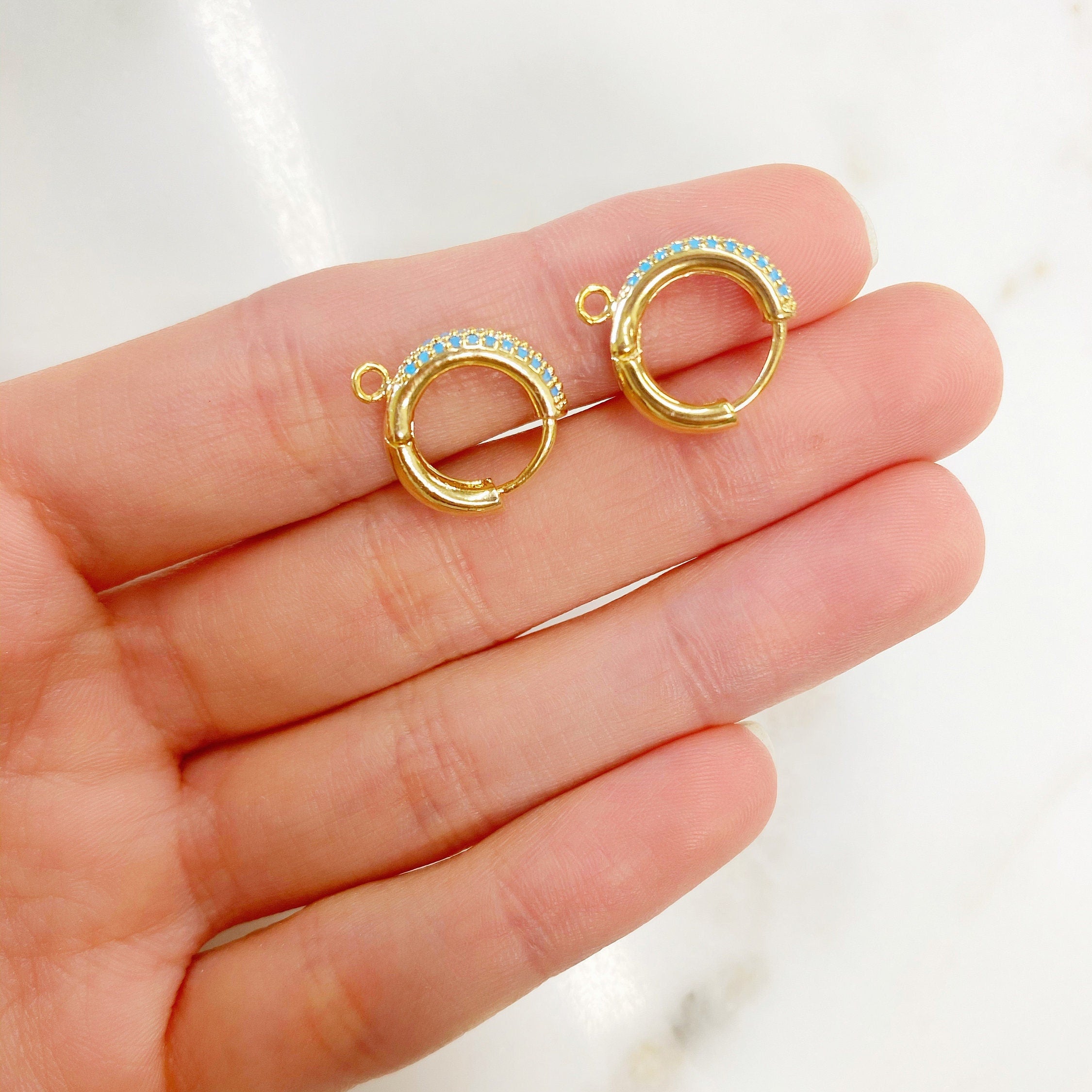 Gold Plated Shimmering CZ Pave Turquoise Hoop Earrings Earring Hoop (2pc)