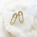 Gold Plated Shimmering Safety Pin Stud CZ Pave Earring Sold As Pair (2pc)